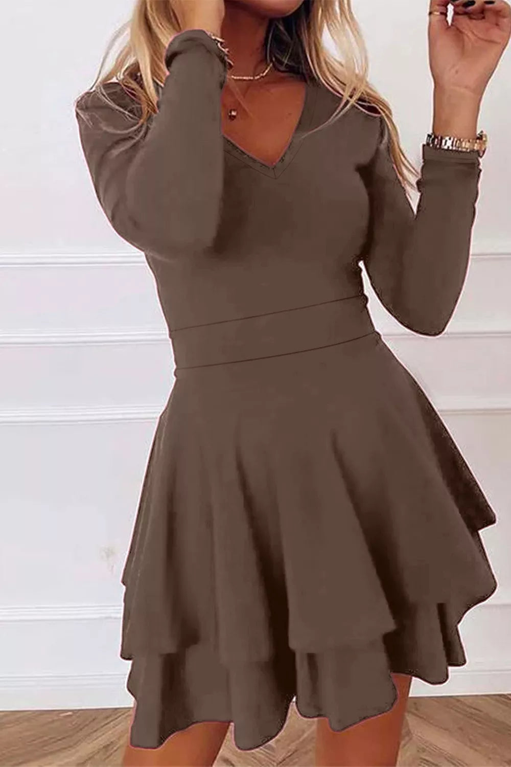 Layered Long Sleeve V-Neck Mini Dress