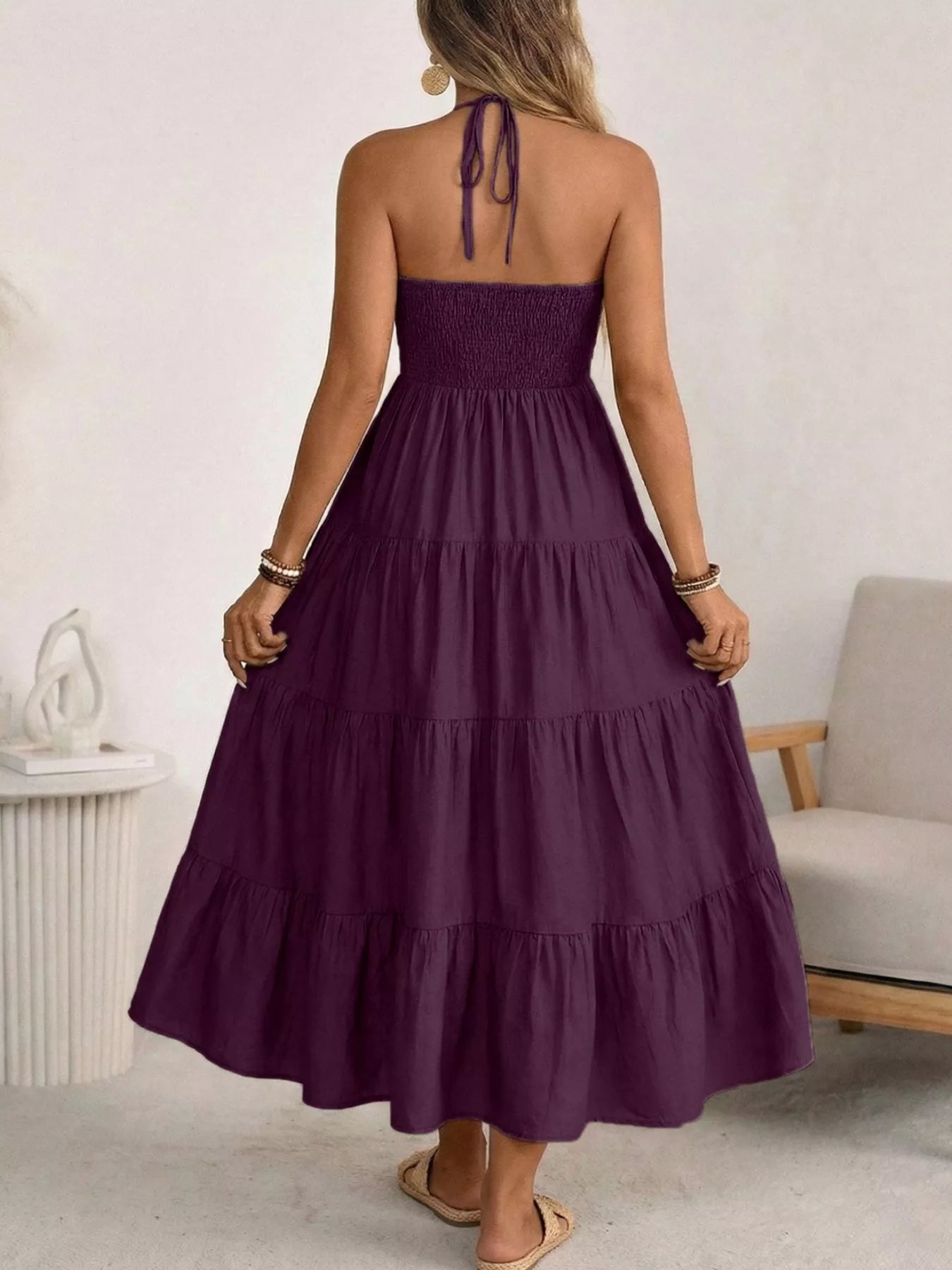 Halter Neck Tiered Midi Dress