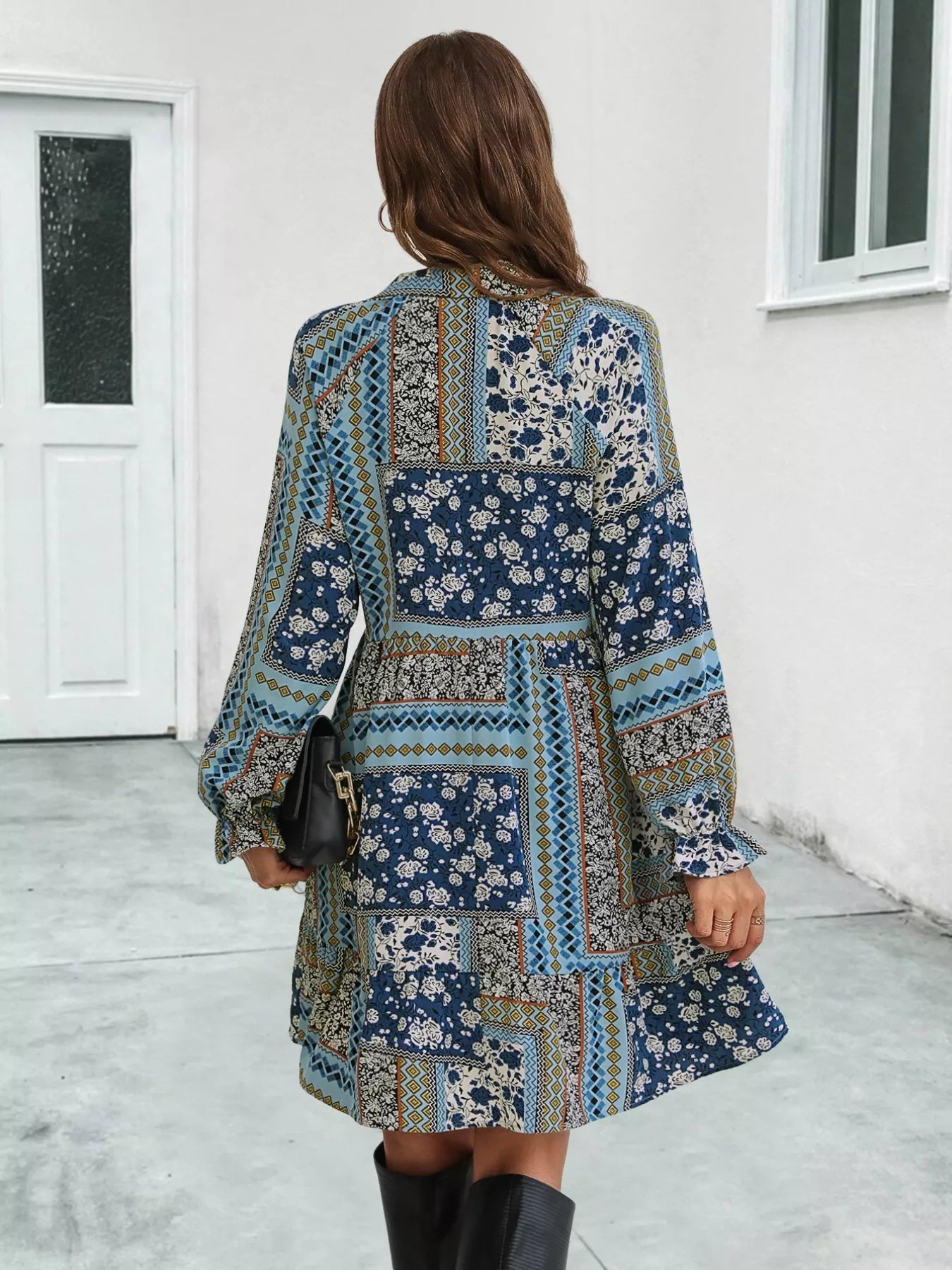 Boho Floral Print Long Sleeve Mini Dress