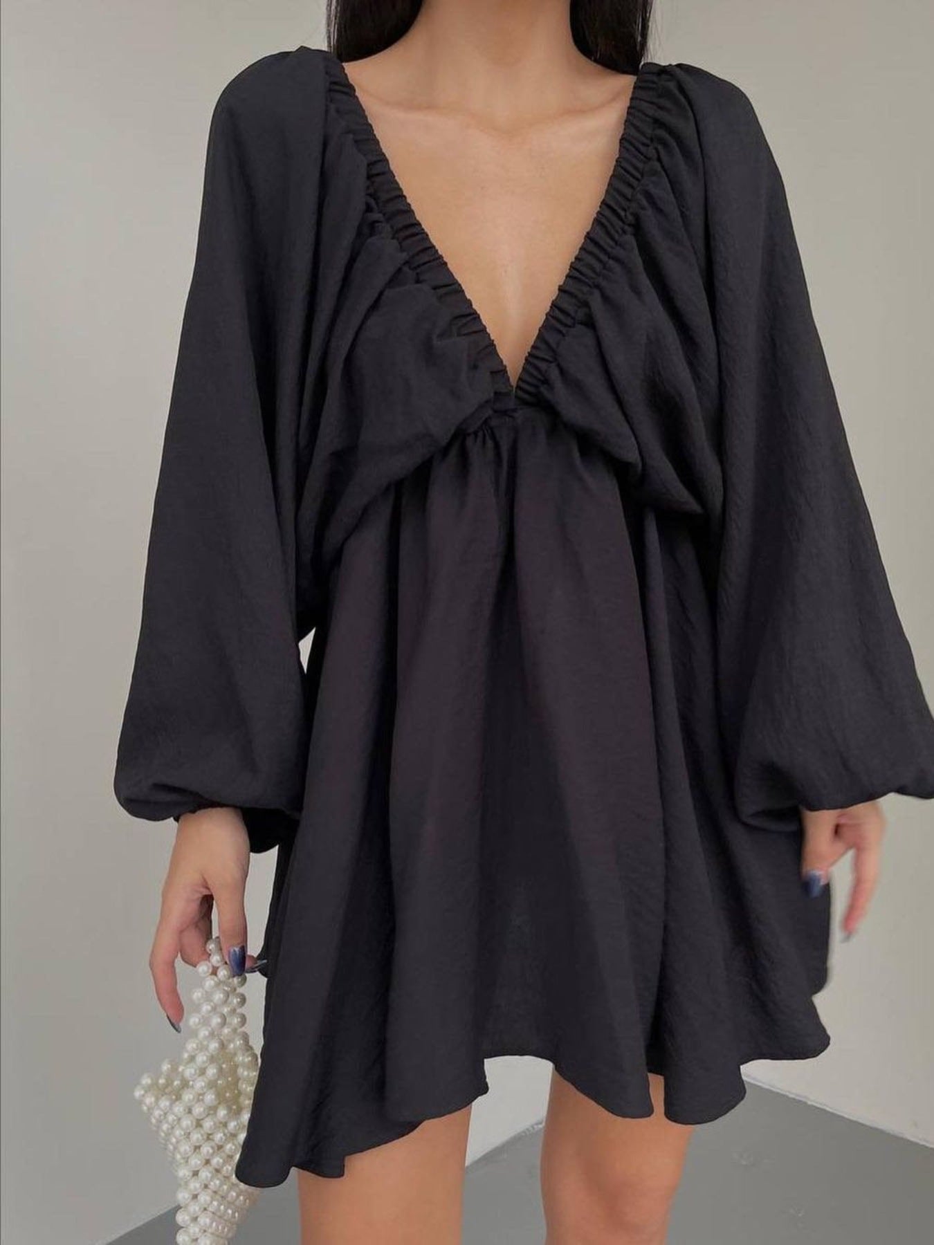 Deep V-Neck Balloon Sleeve Dress