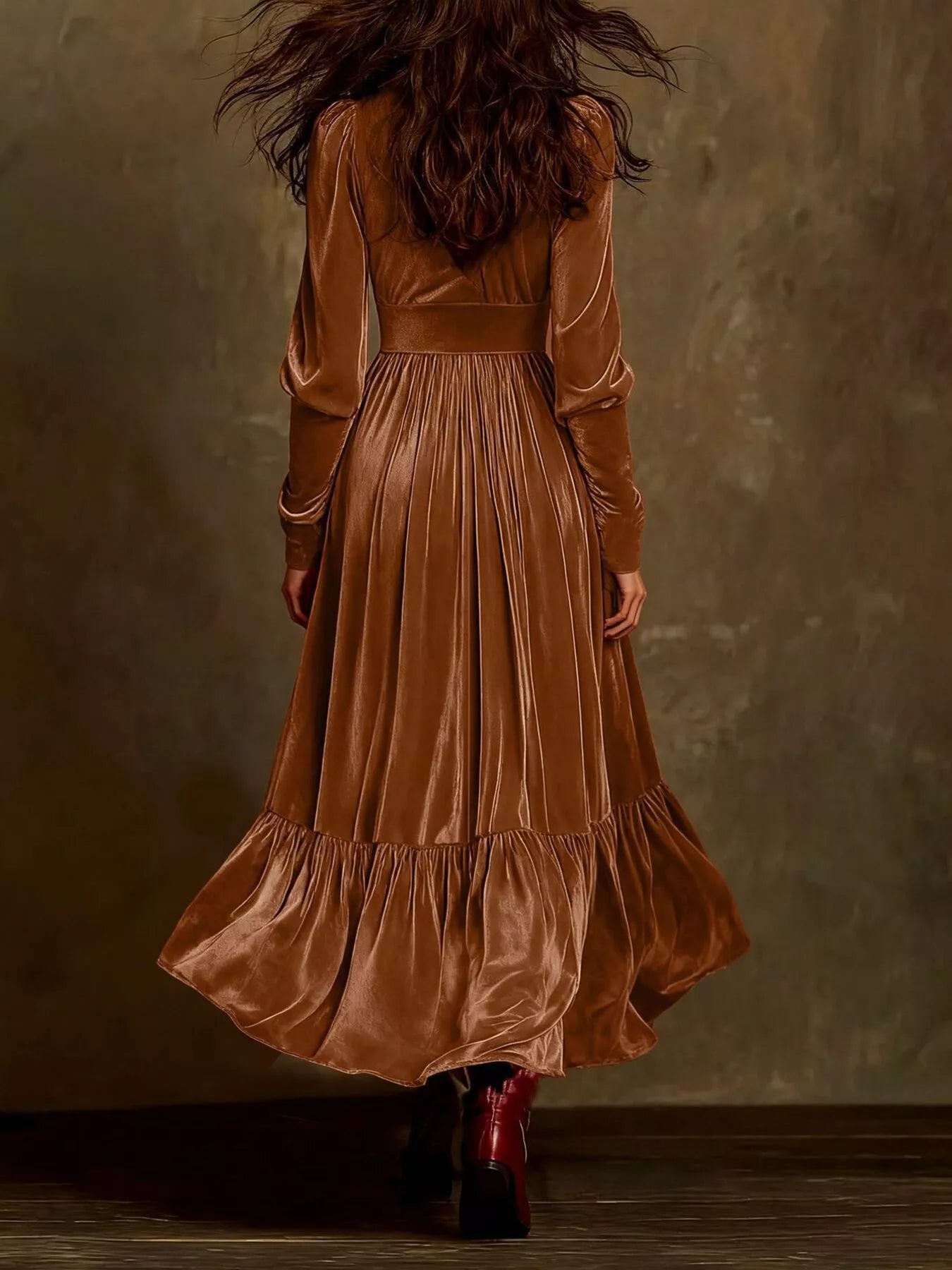 Elegant Velvet V-Neck Long Sleeve Maxi Dress