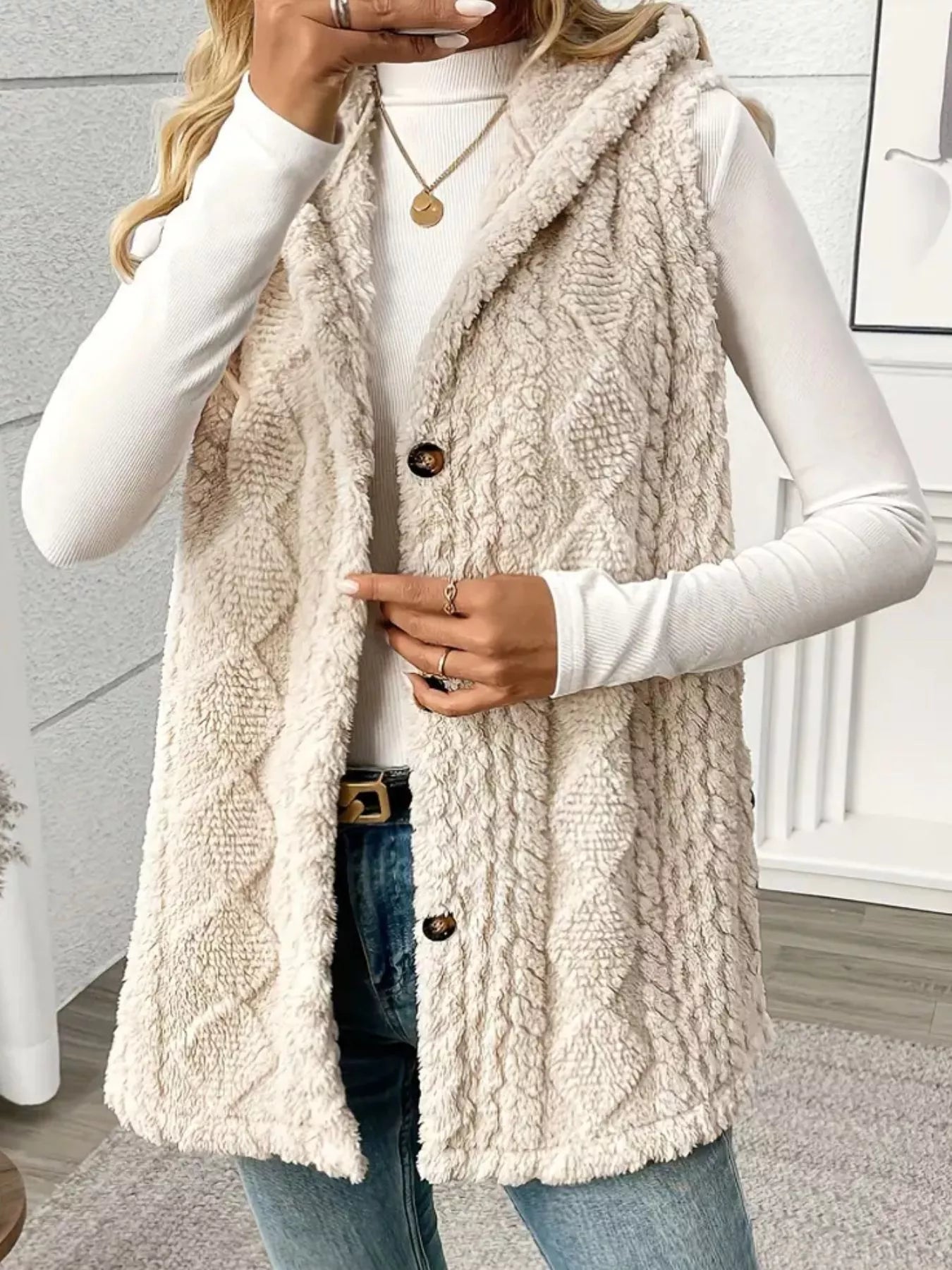 Hooded Button-Up Sherpa Vest Coat