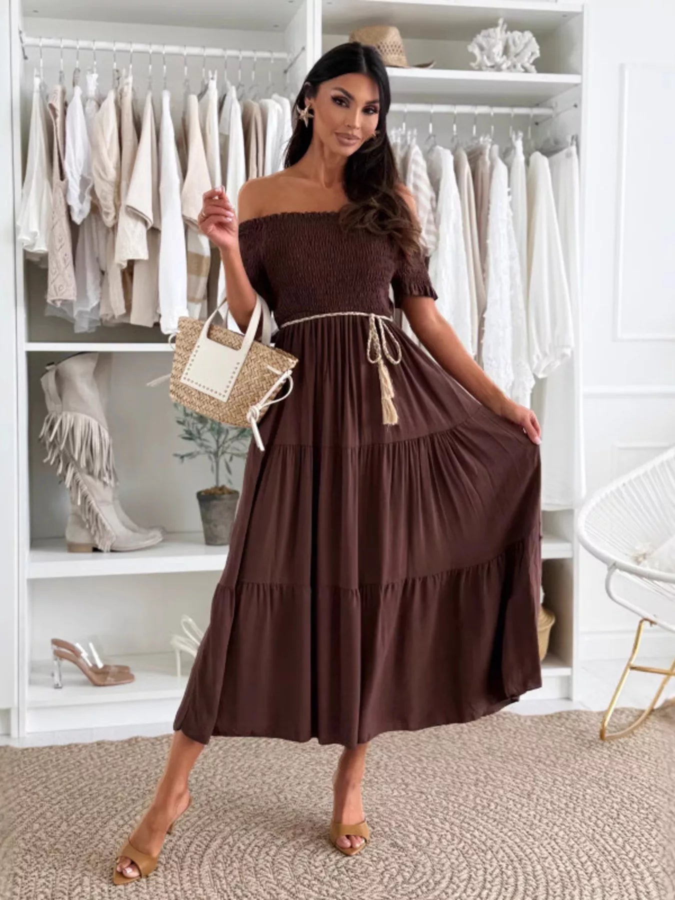 Off Shoulder Smocked Tiered Midi Dress