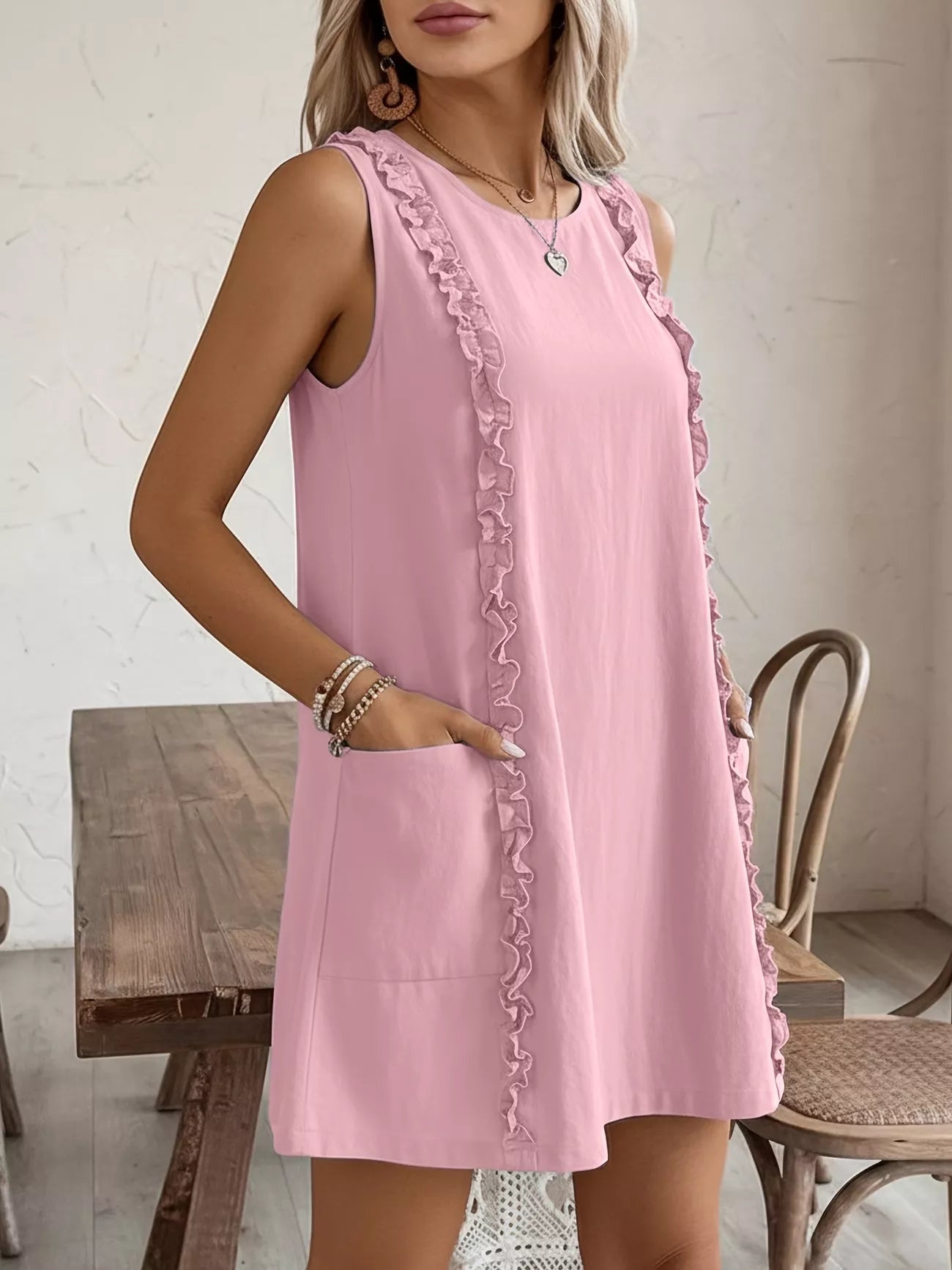 Frill Sleeveless Round Neck Dress