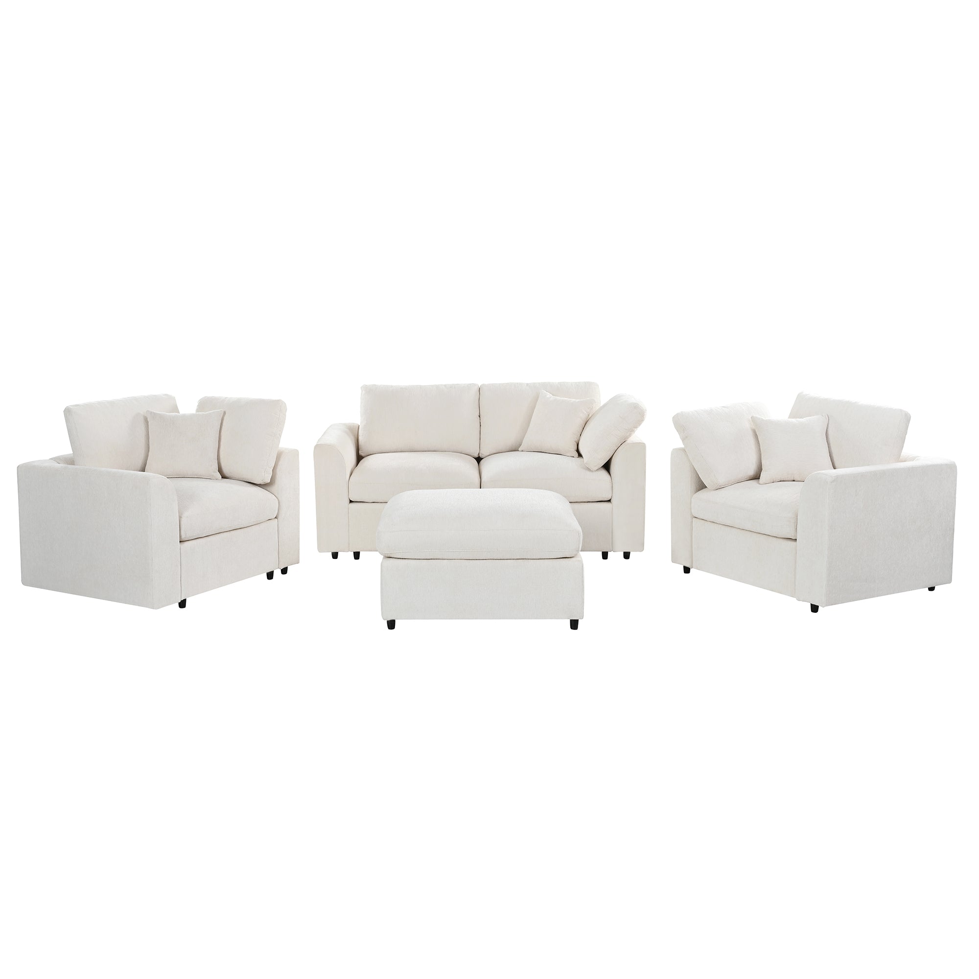 U-Style 4-Piece Sofa Set, 2 Accent Chairs + Loveseat + Movable Ottoman