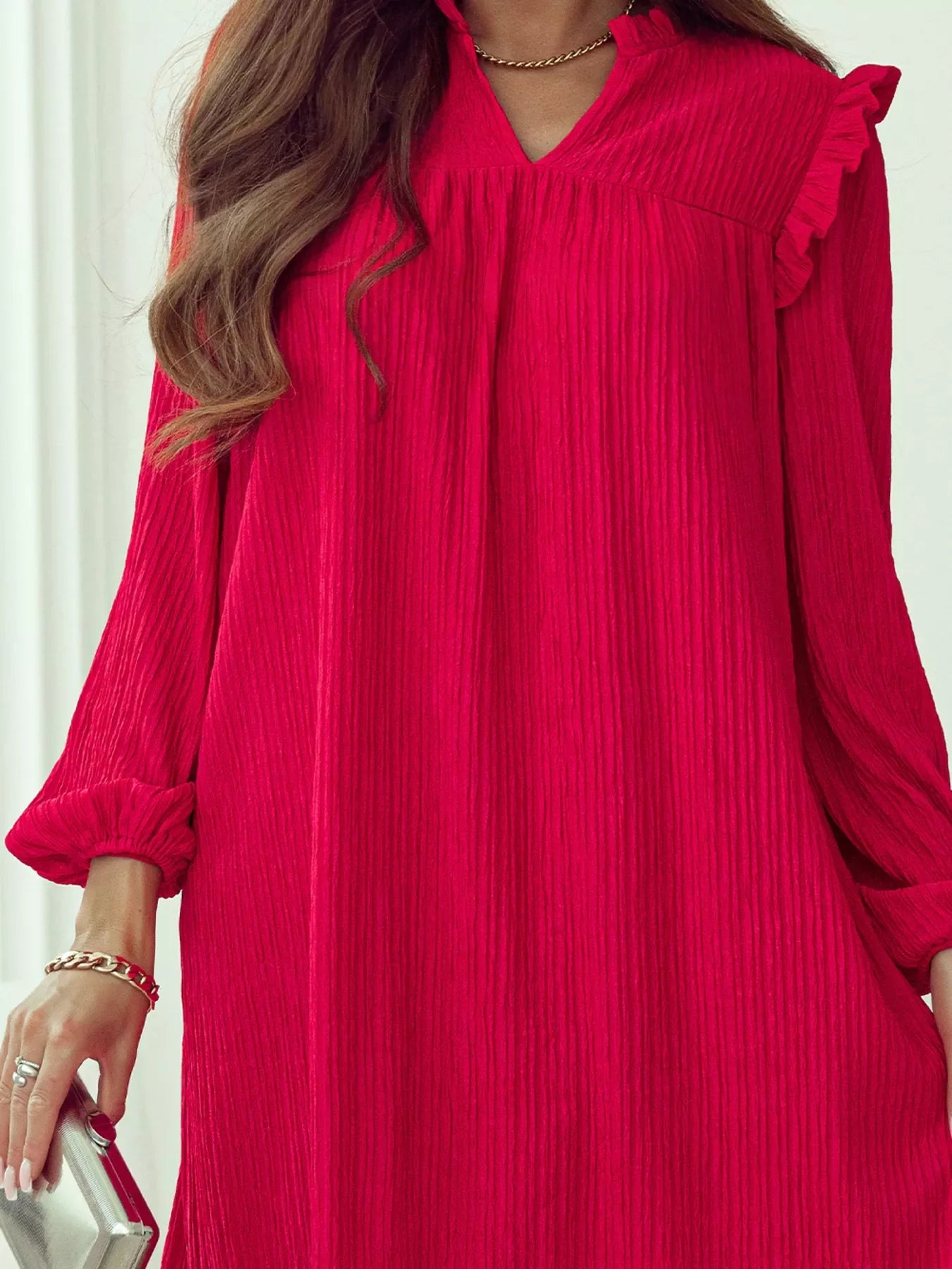 Textured Ruffled Trim Loose Fit Mini Dress
