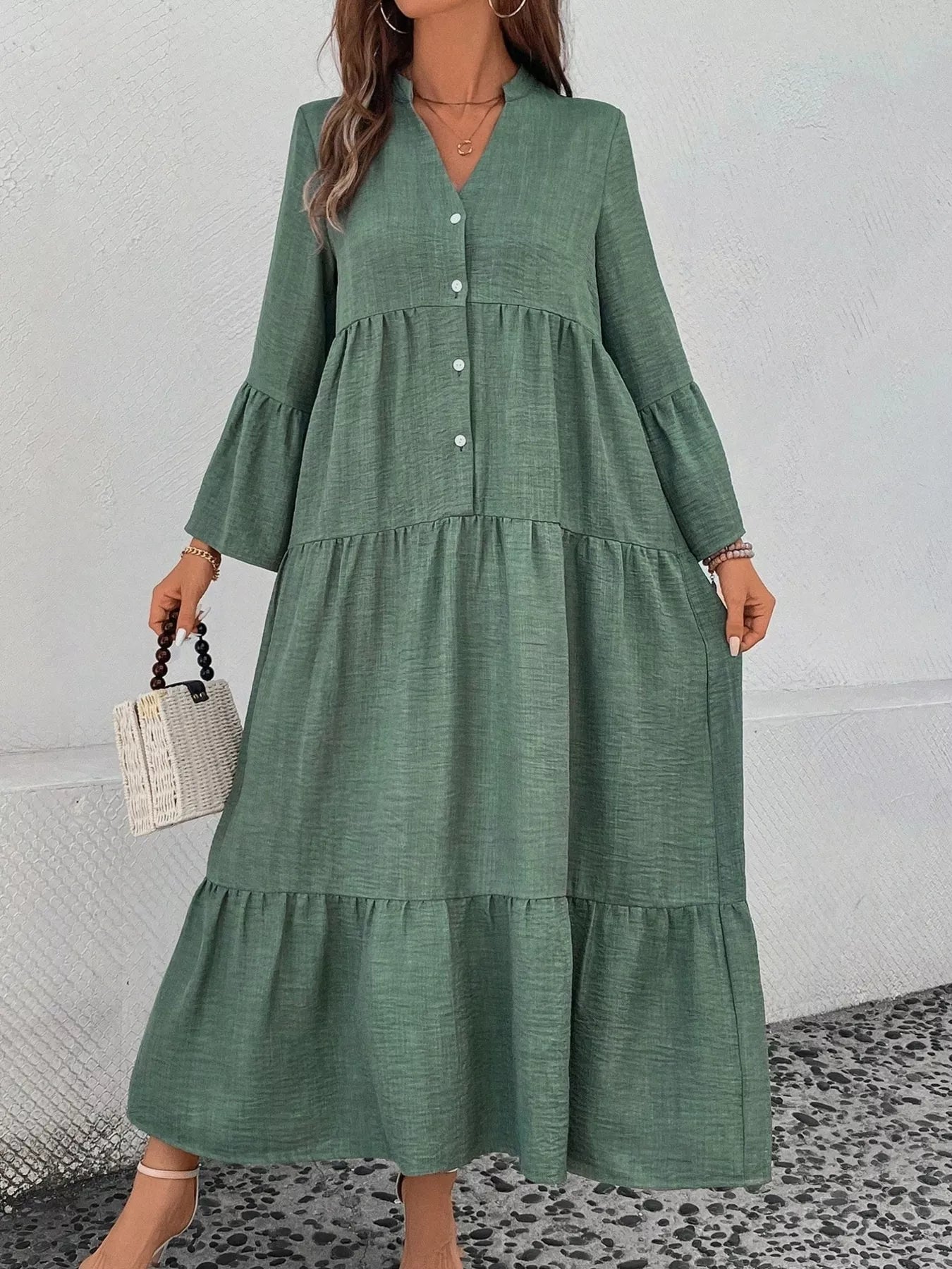 Ruffle Hem Button Front Tiered Dress