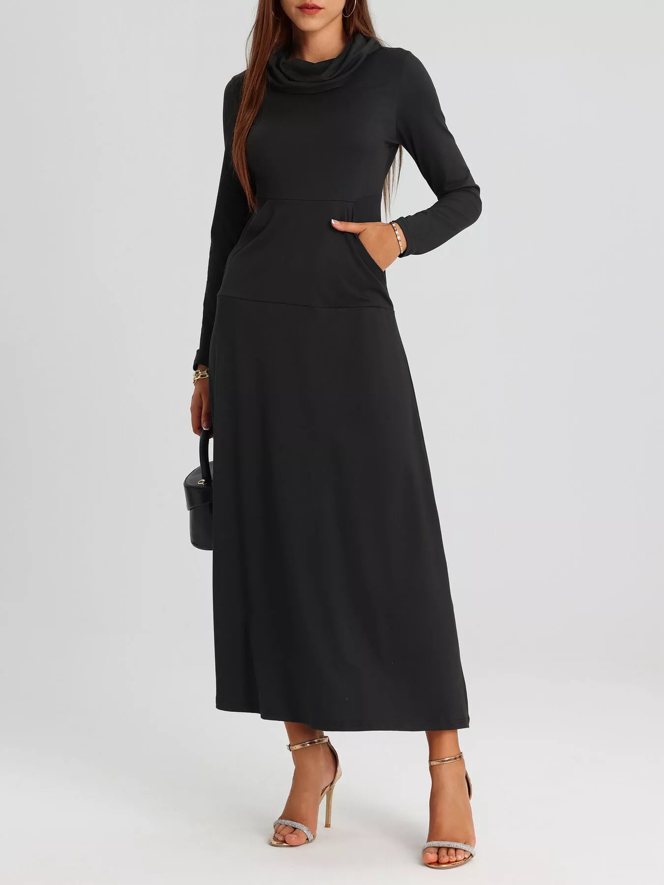 Cowl Neck Long Sleeve Midi Dress