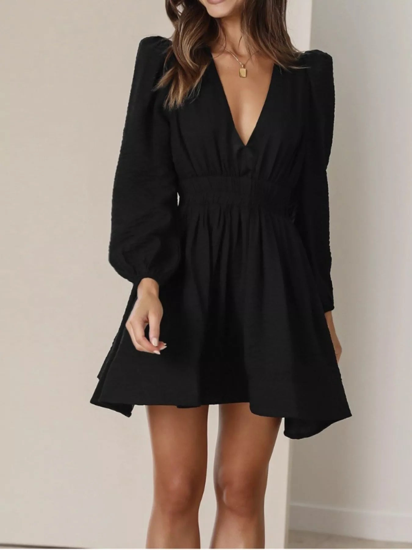 V-Neck Long Sleeve Mini Dress