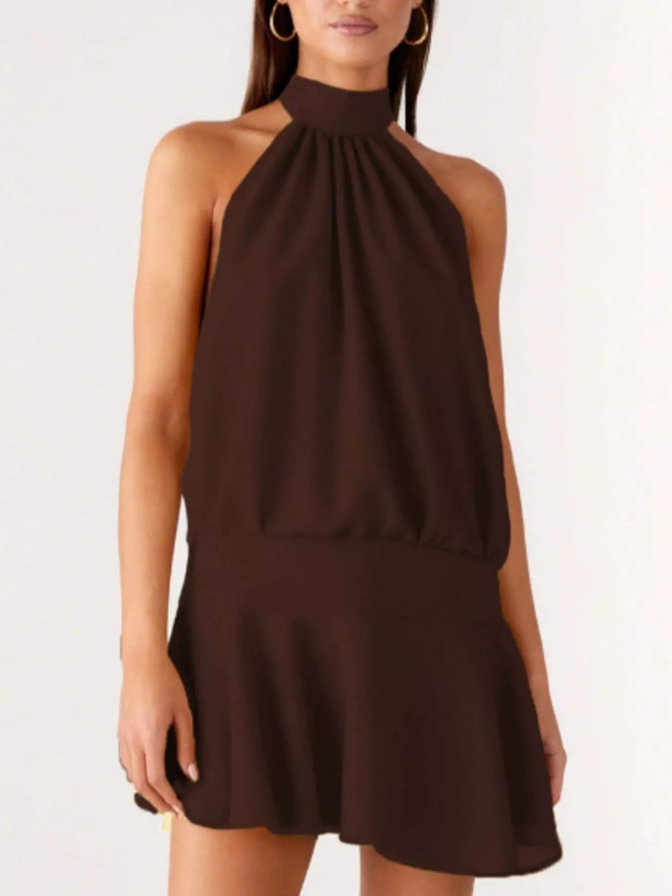 Backless Halter Neck Gathered Waist Dress