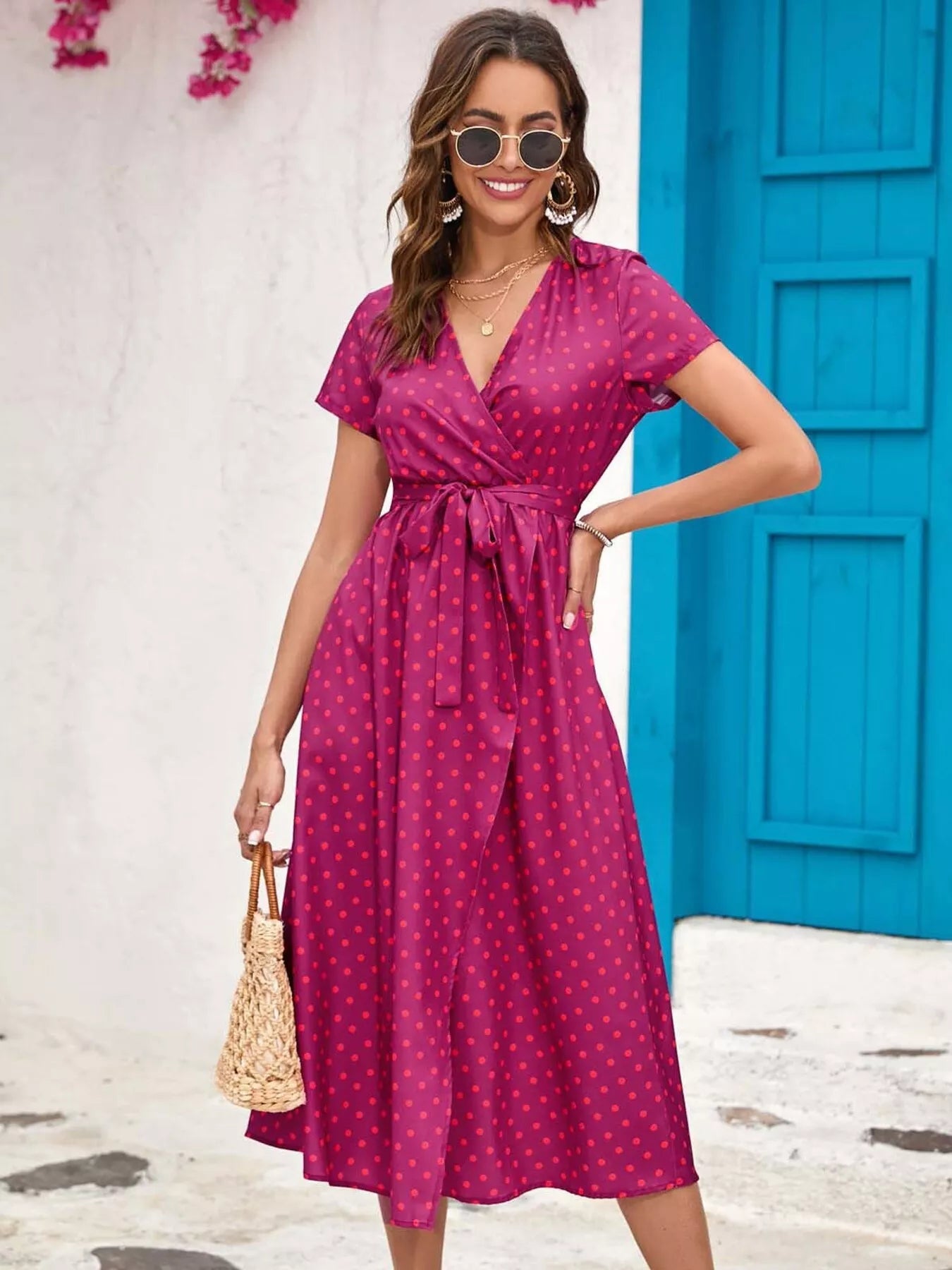 Surplice Short Sleeve Midi Dress