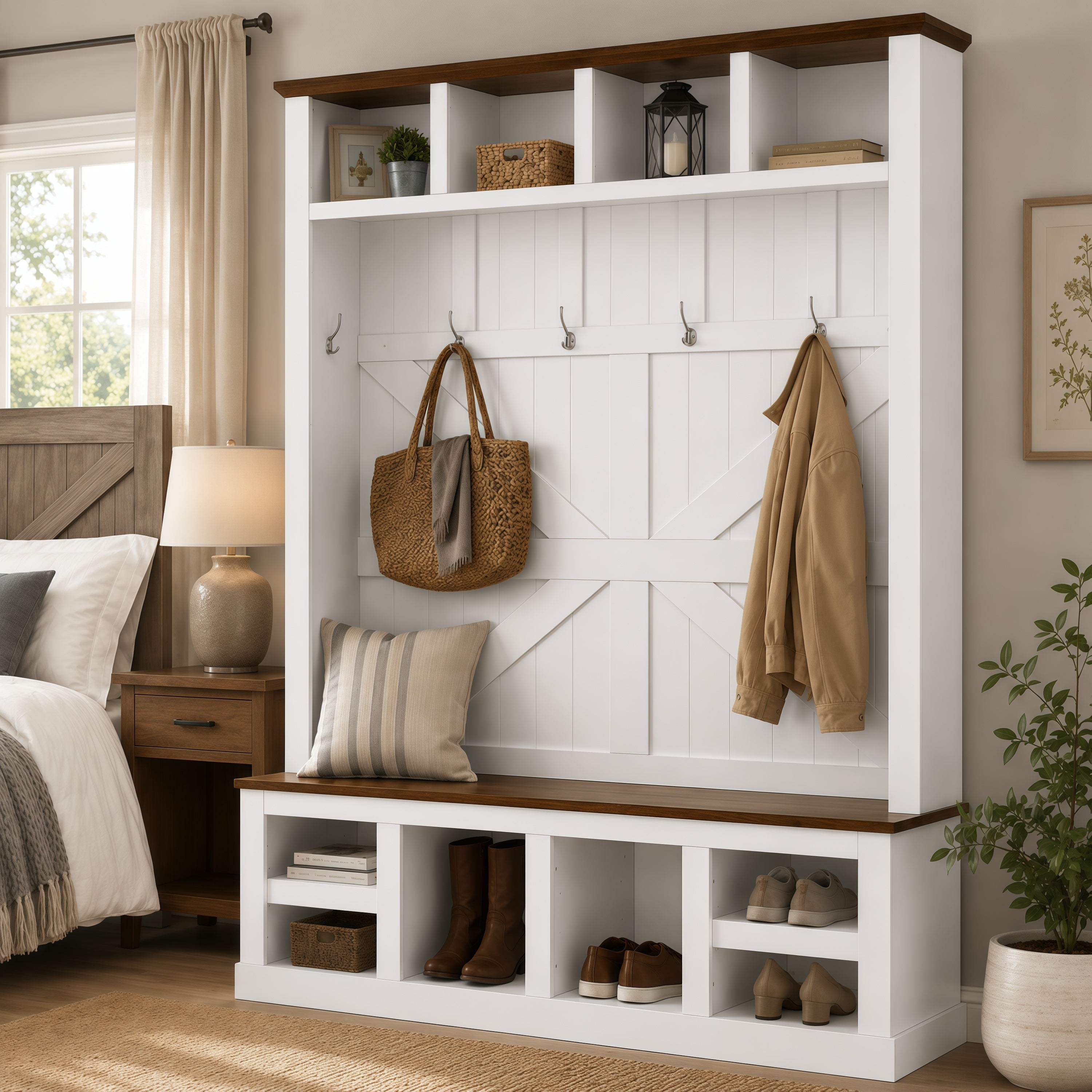 Farmhouse Hall Tree with Bench and Shoe Storage