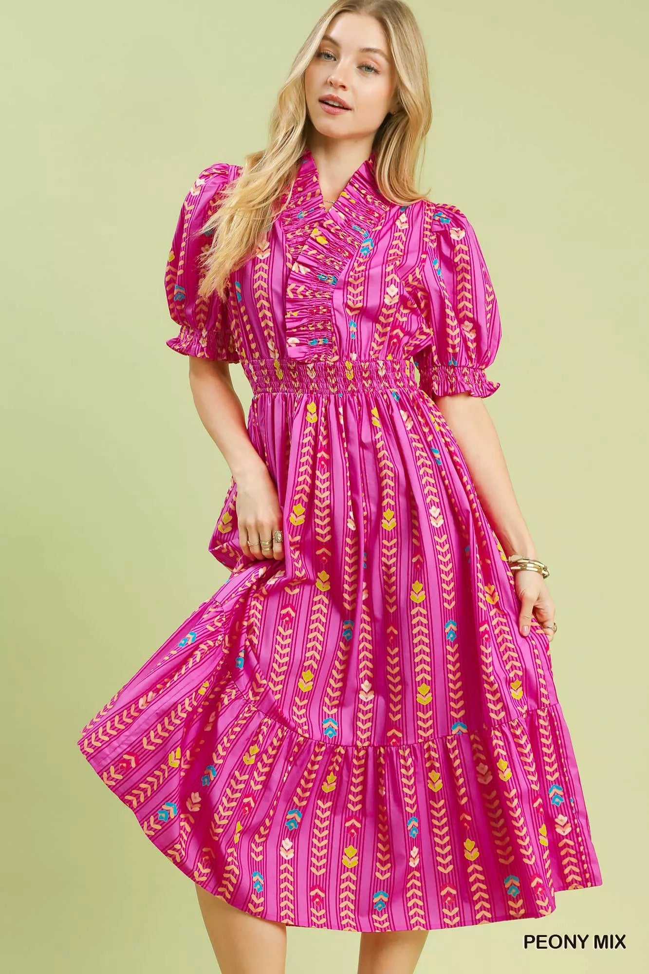 Umgee Vibrant Ruffle Smocked Midi Dress