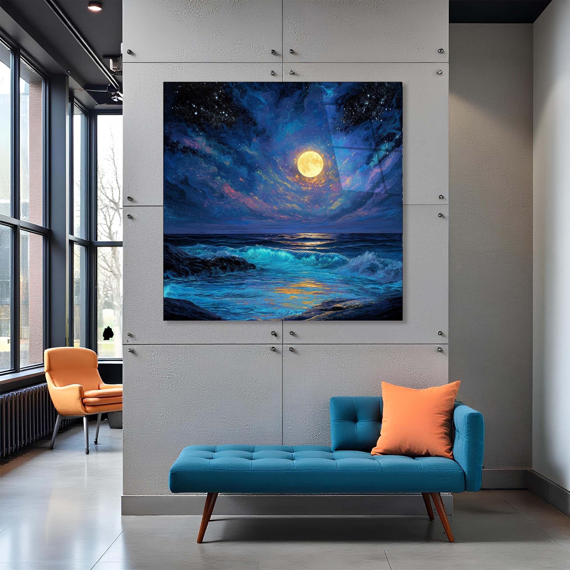 Moonlit Ocean Tempered Glass Wall Art | Coastal Living Room Decor