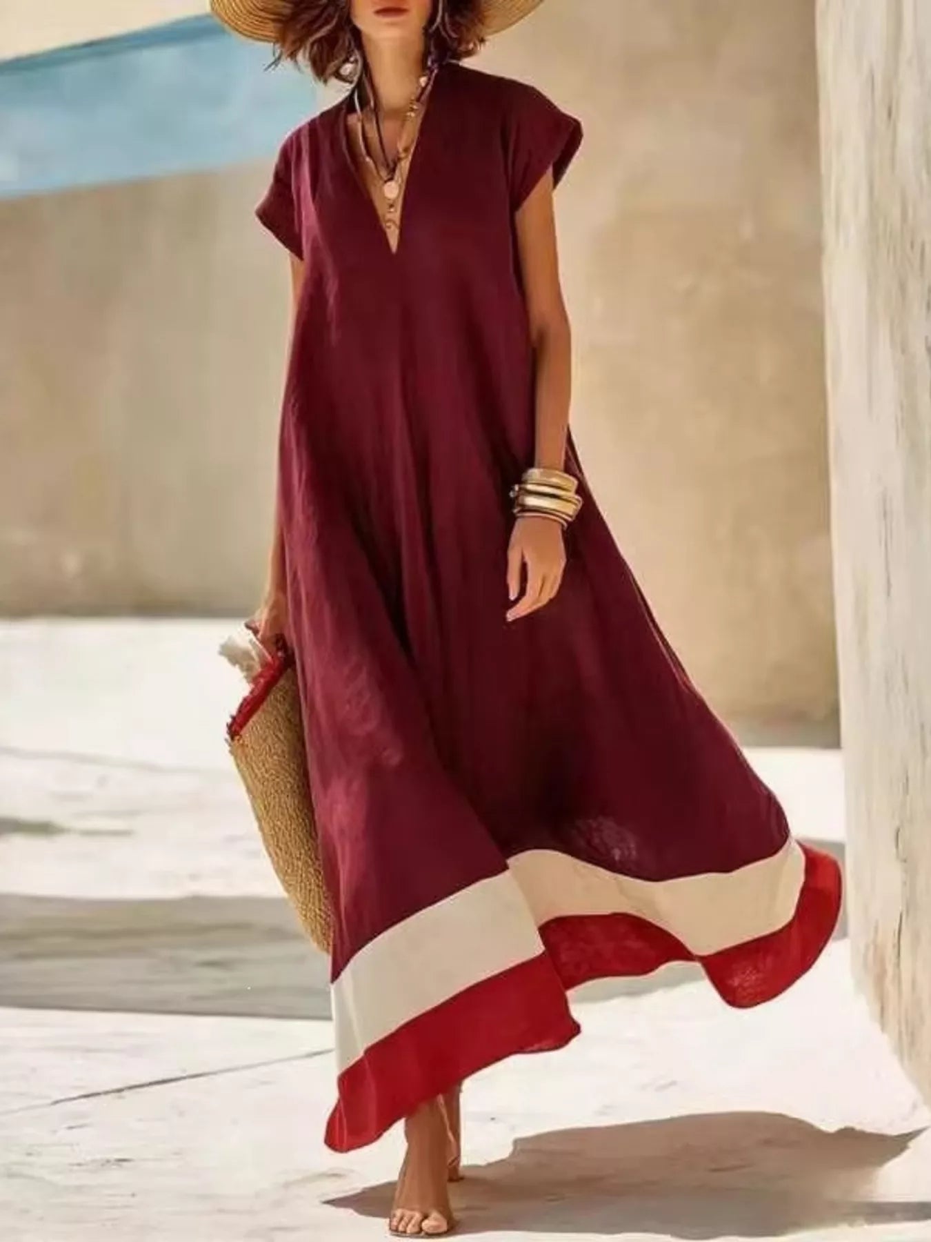 Color Block Hem V-Neck Maxi Dress