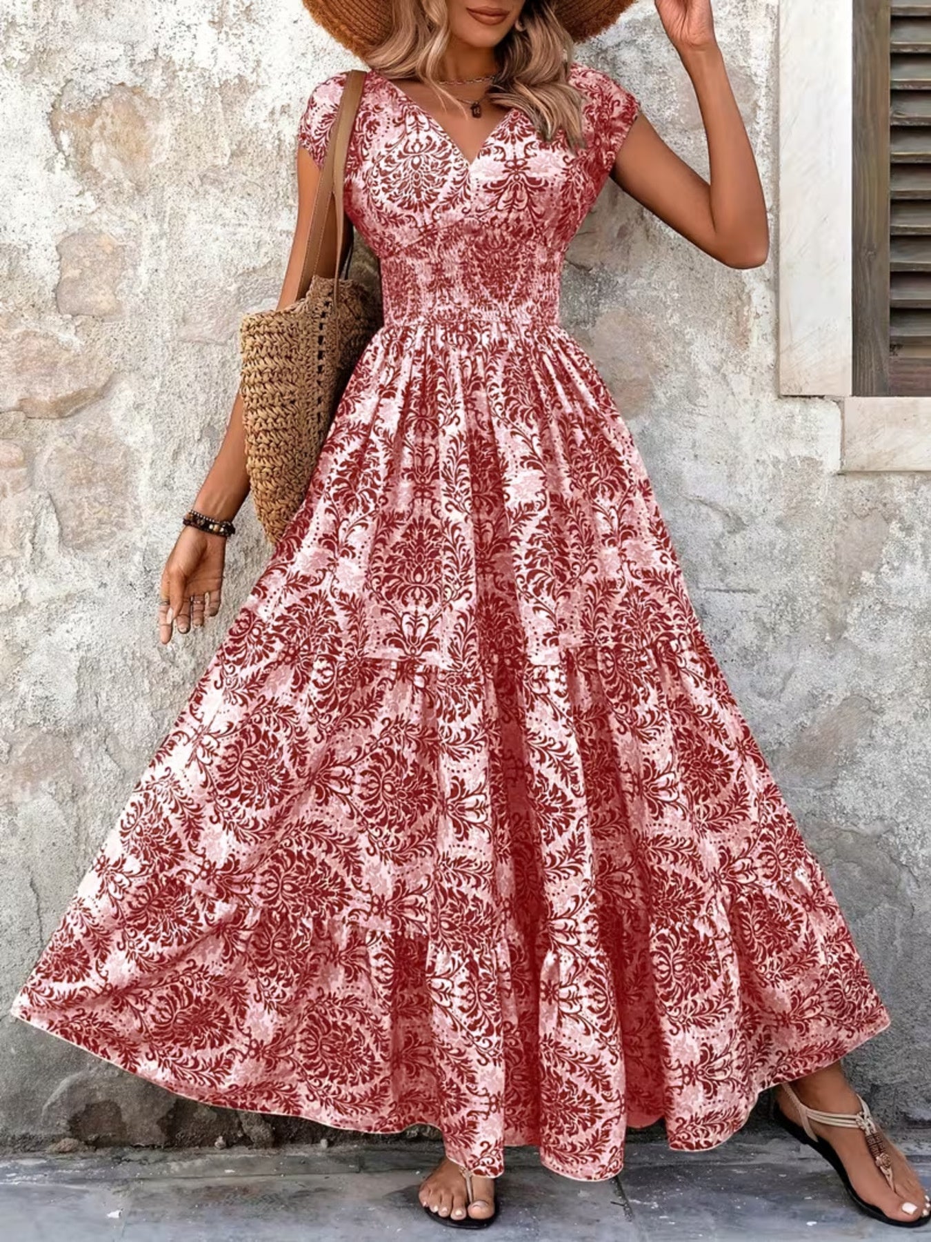 Printed Cap Sleeve Maxi Dress