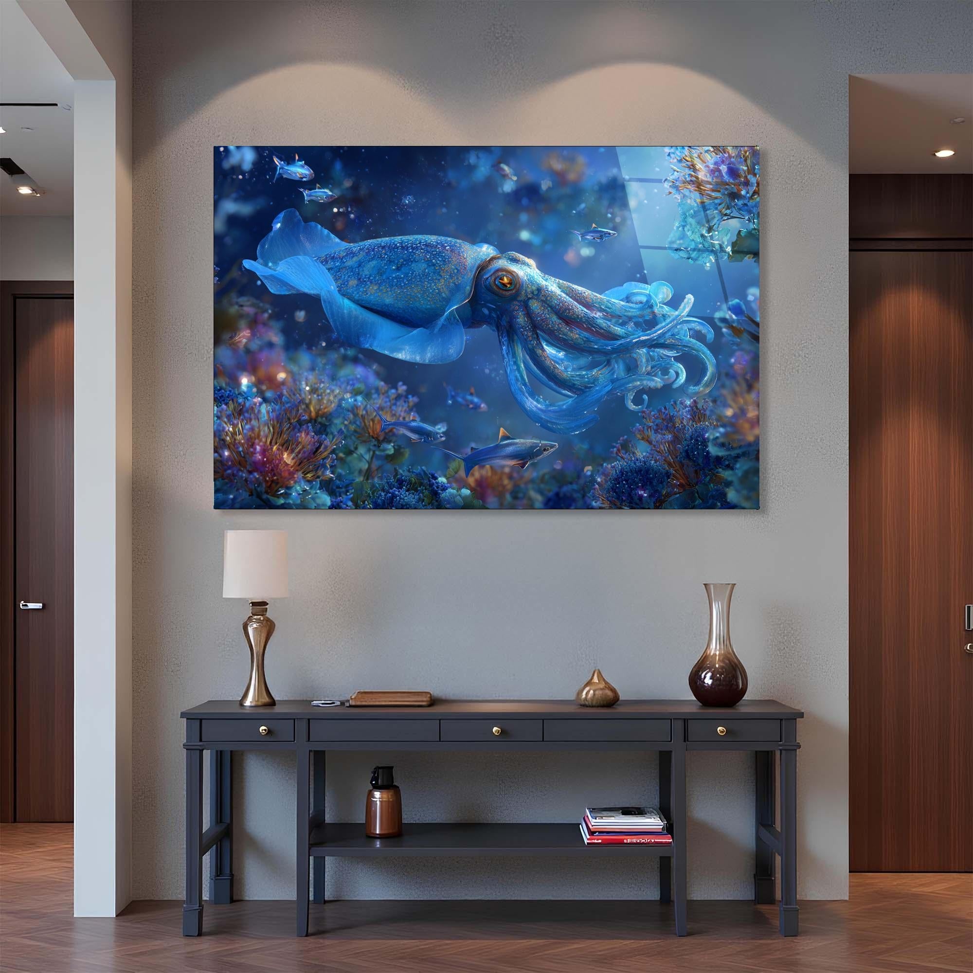 Blue Squid Tempered Glass Wall Art | Ocean Reef Decor