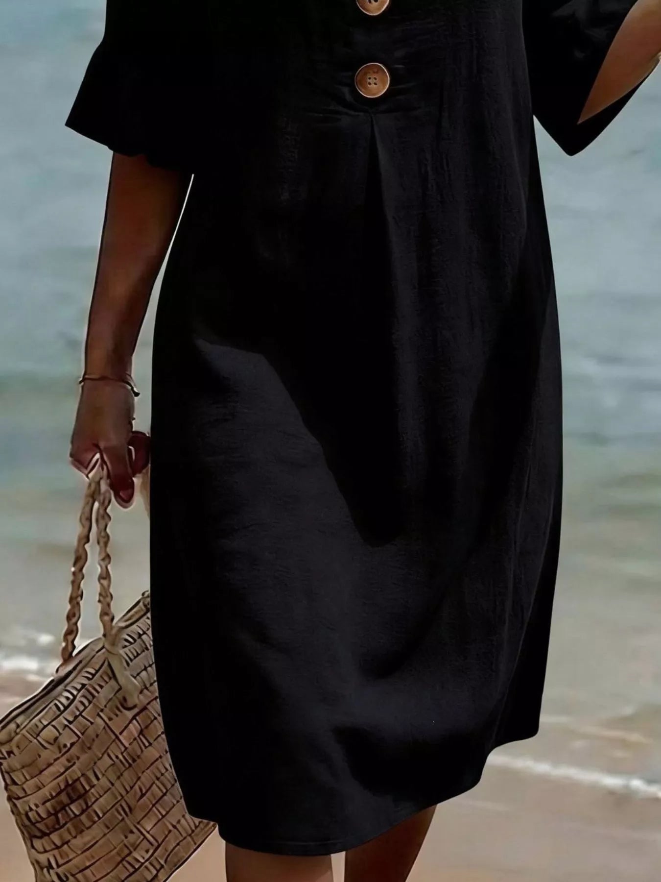 Full Size Button Decor Flounce Sleeve Dress Plus Size