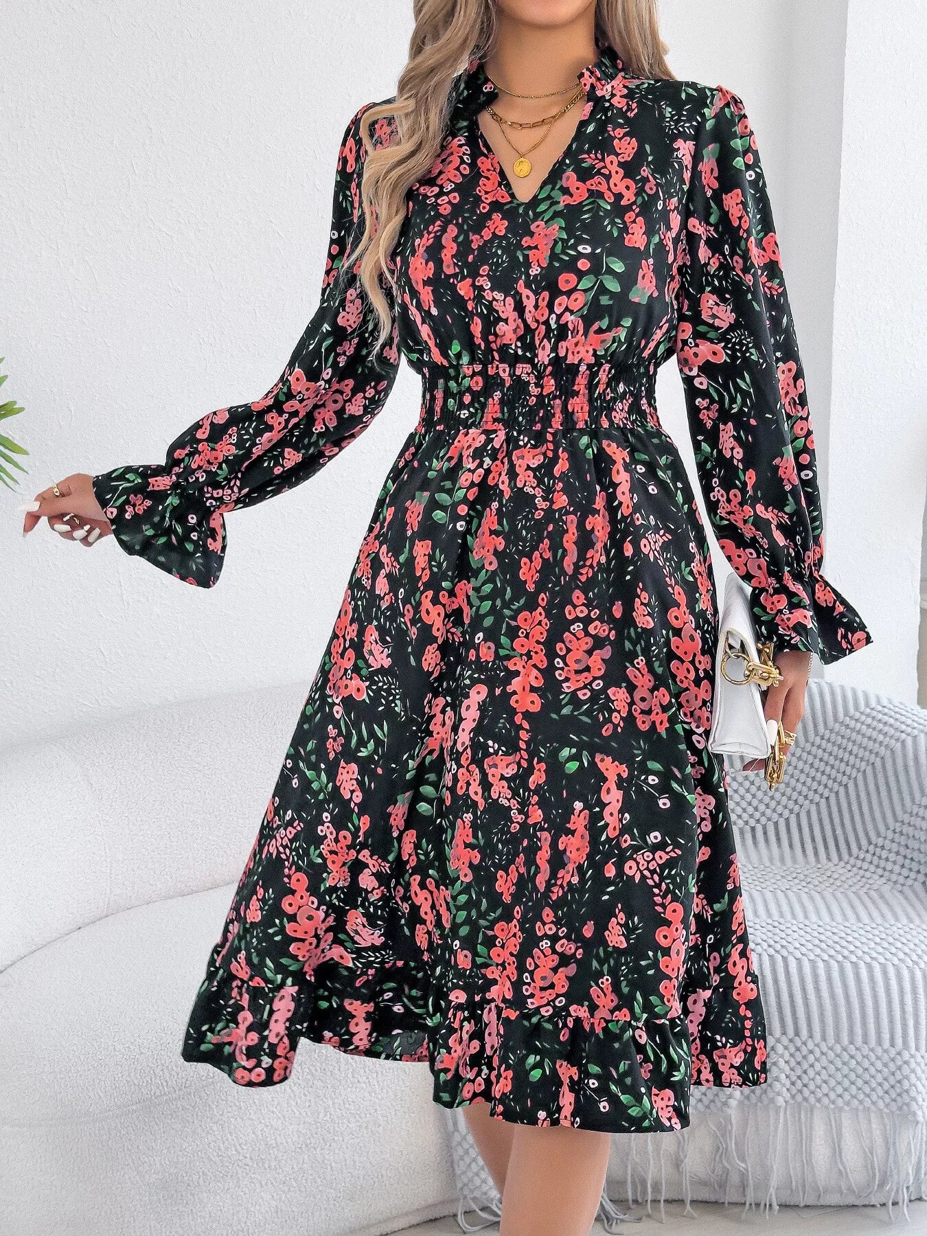 Floral Print Ruffle Hem Flounce Sleeve A-Line Dress
