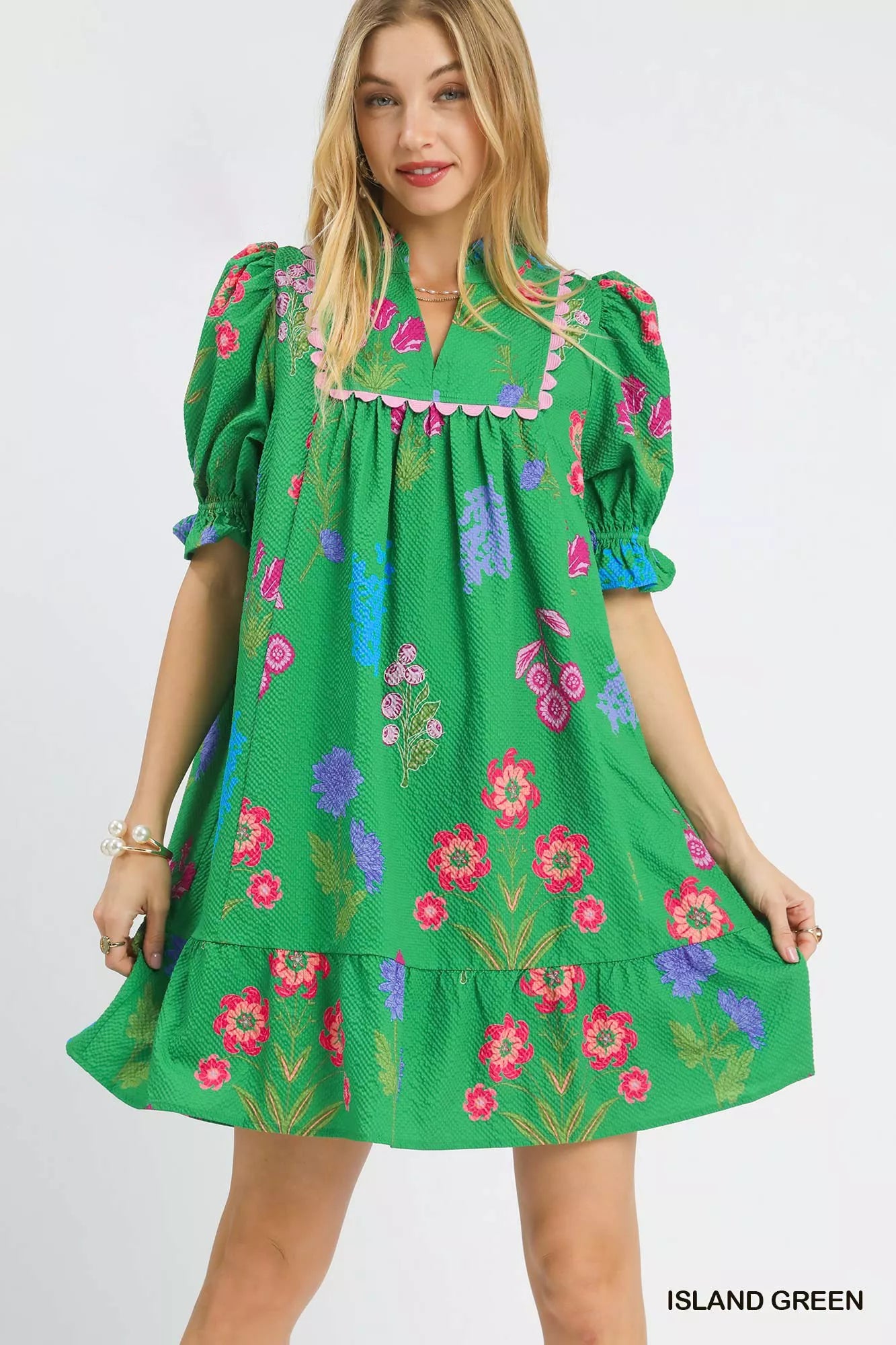 Umgee Multi Flower Print V-Neck Dress