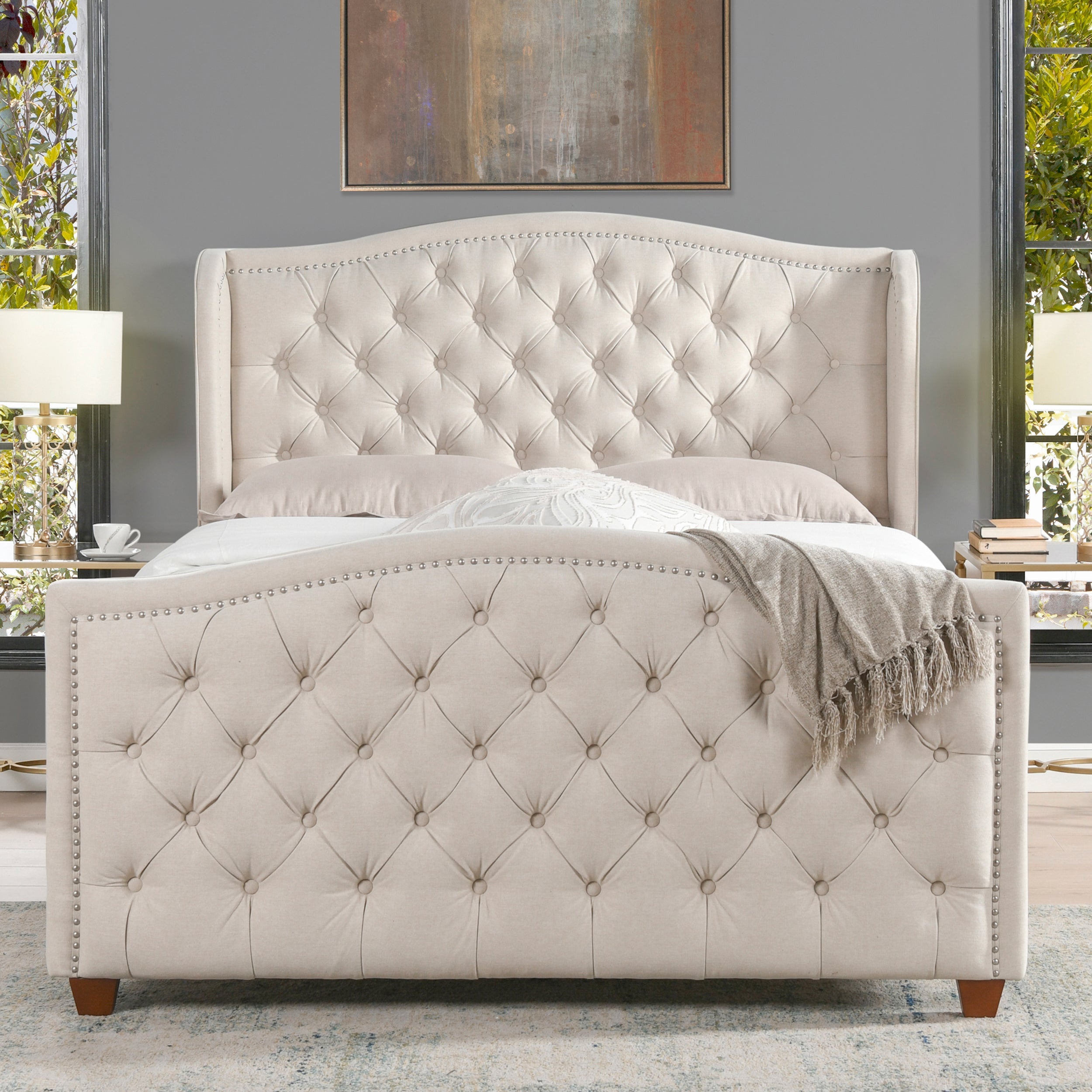 Marcella Upholstered Shelter Headboard Bed Set, Queen, Sky Neutral