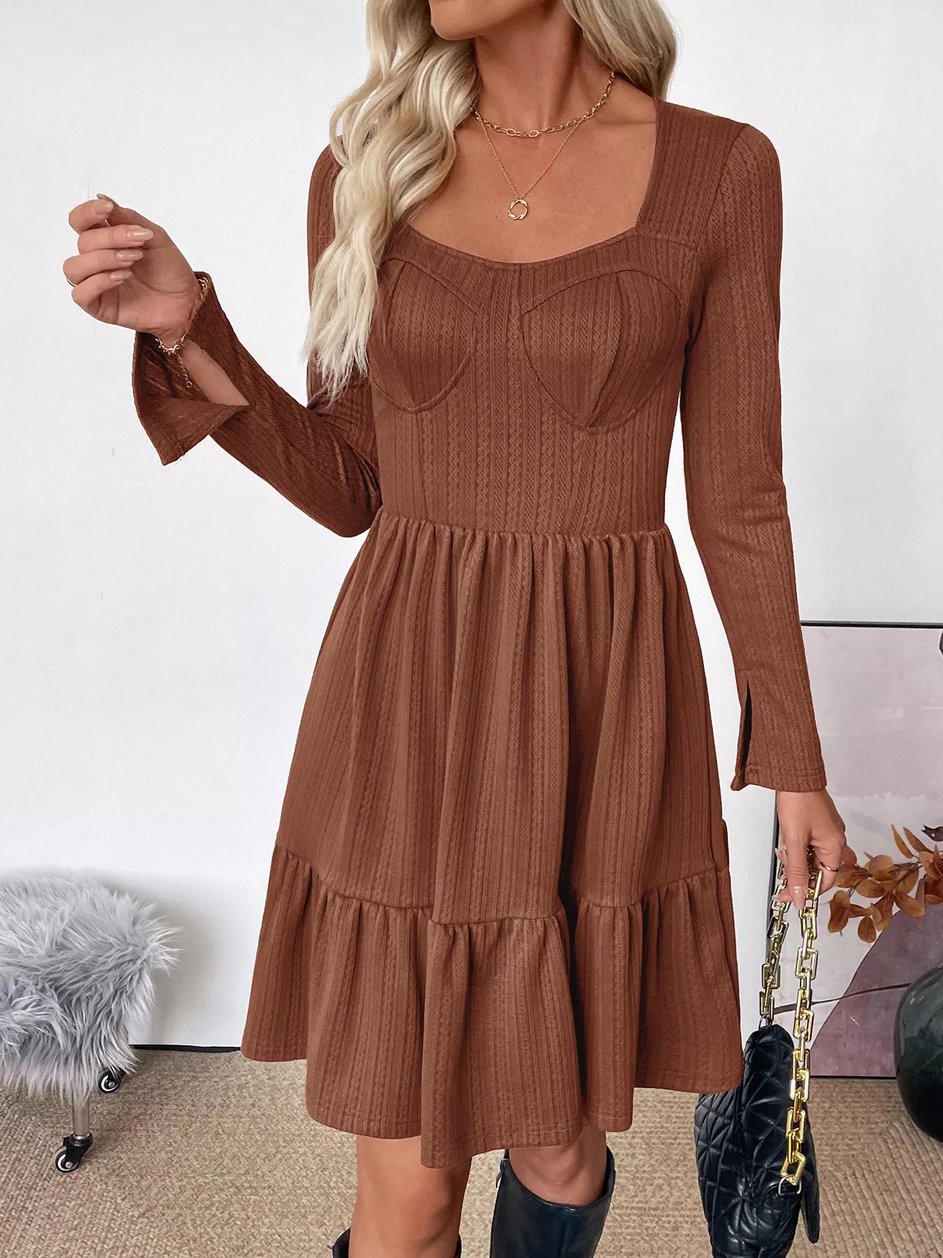 Ruffled Hem Long Sleeve Knit Dress