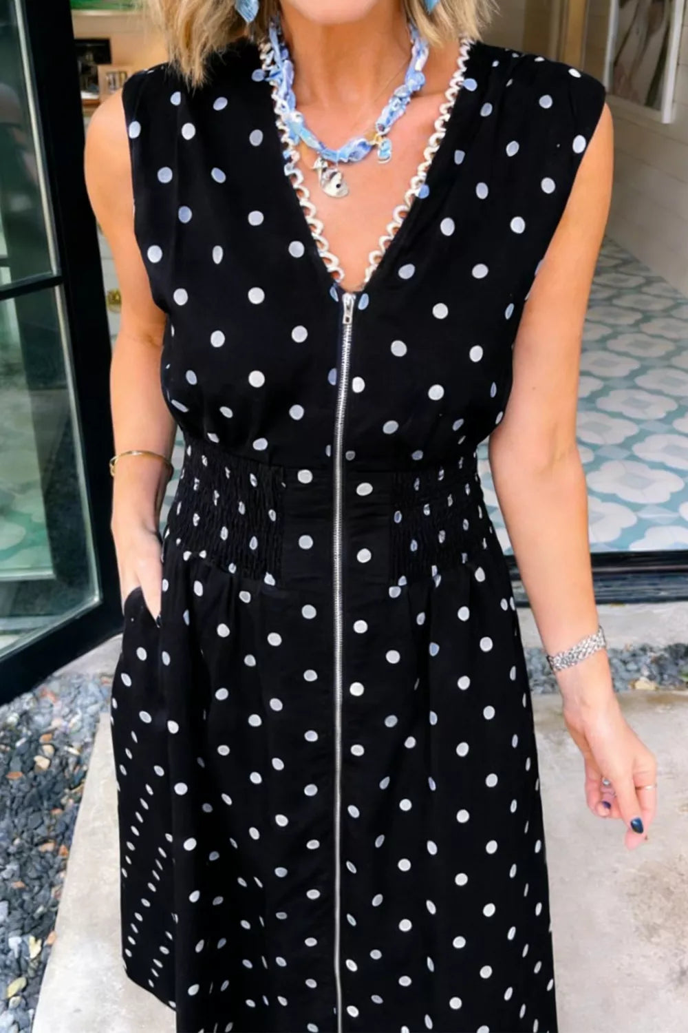 Polka Dot Zipper Front Midi Dress
