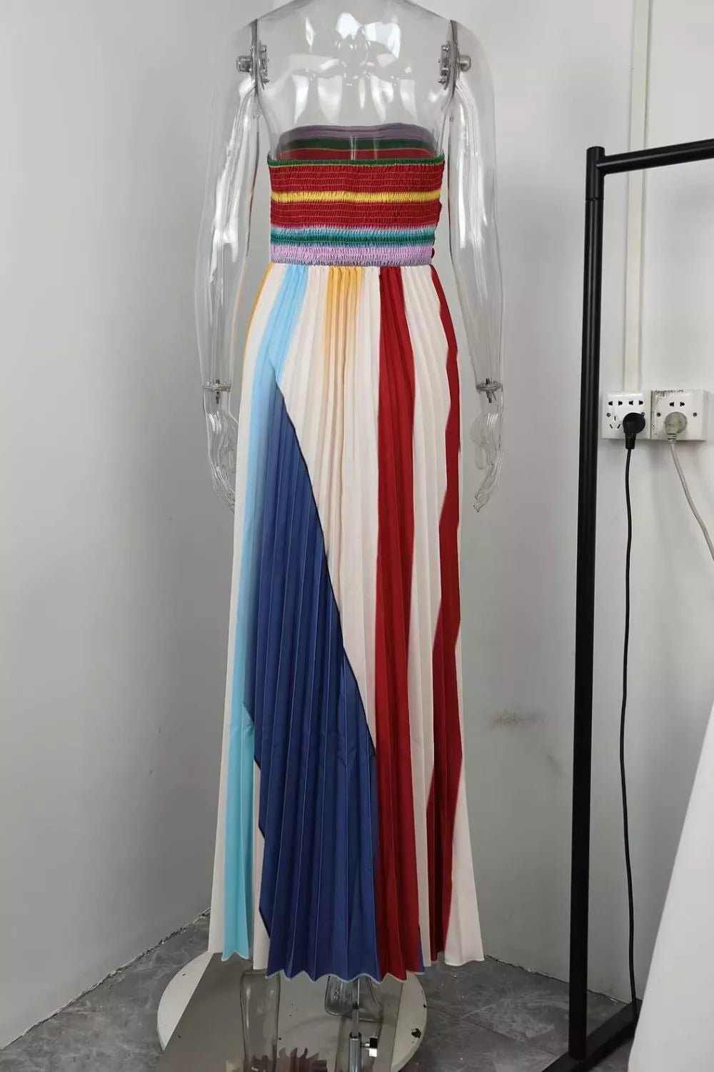 Striped Pleated Strapless Maxi Dress