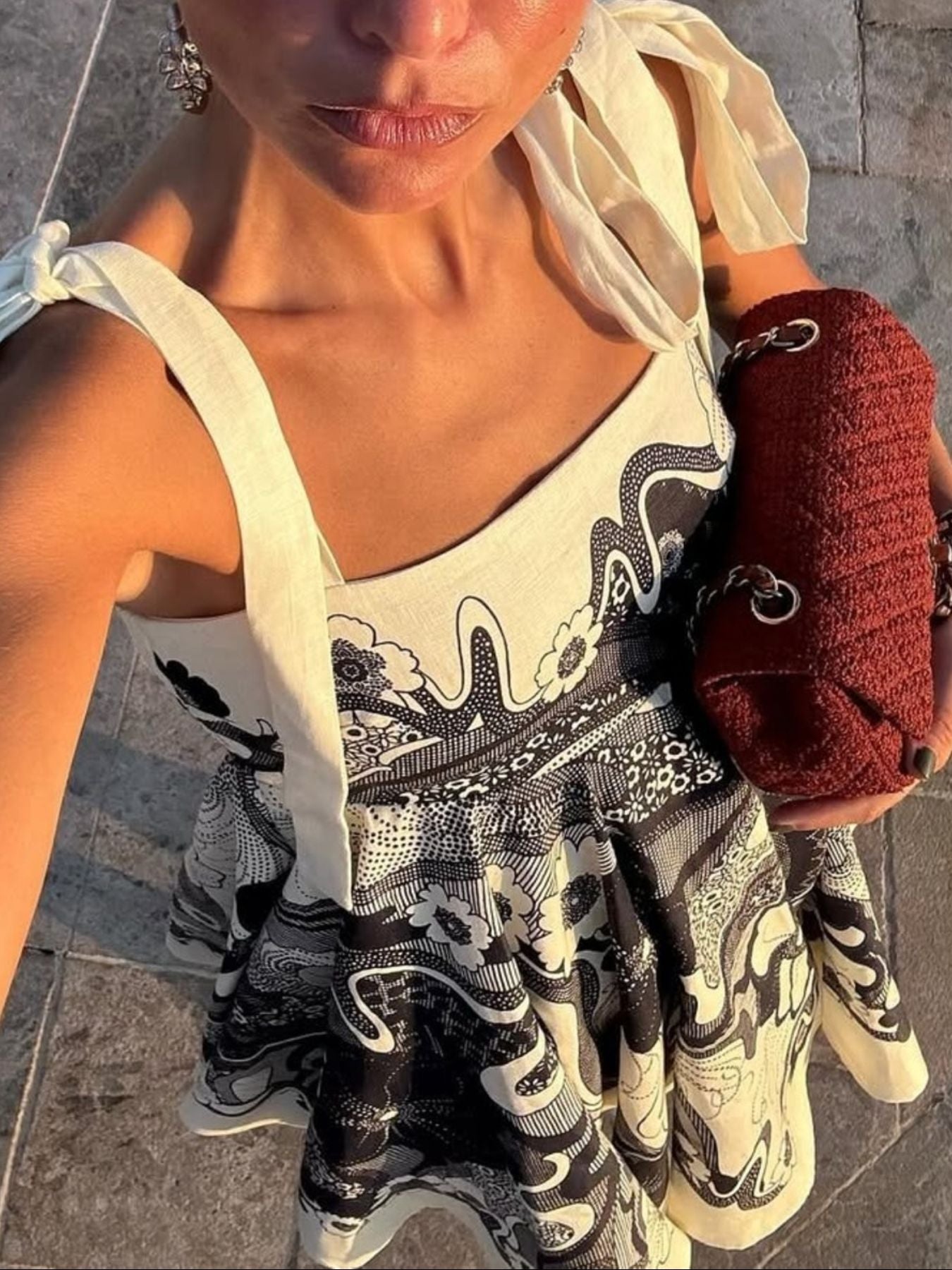 Printed Tie Shoulder Mini Dress