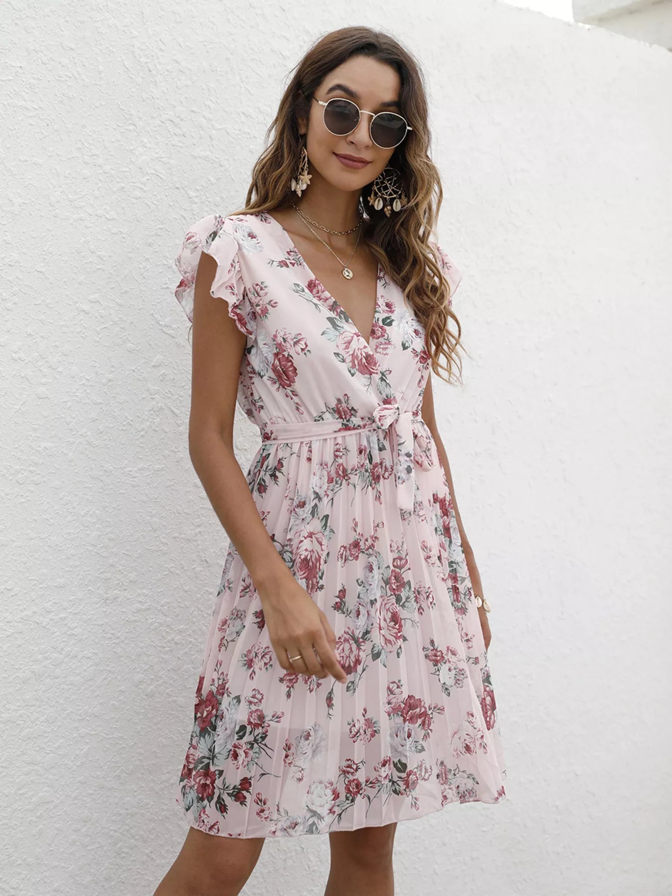 Pleated Floral Print Ruffle Sleeve Dress