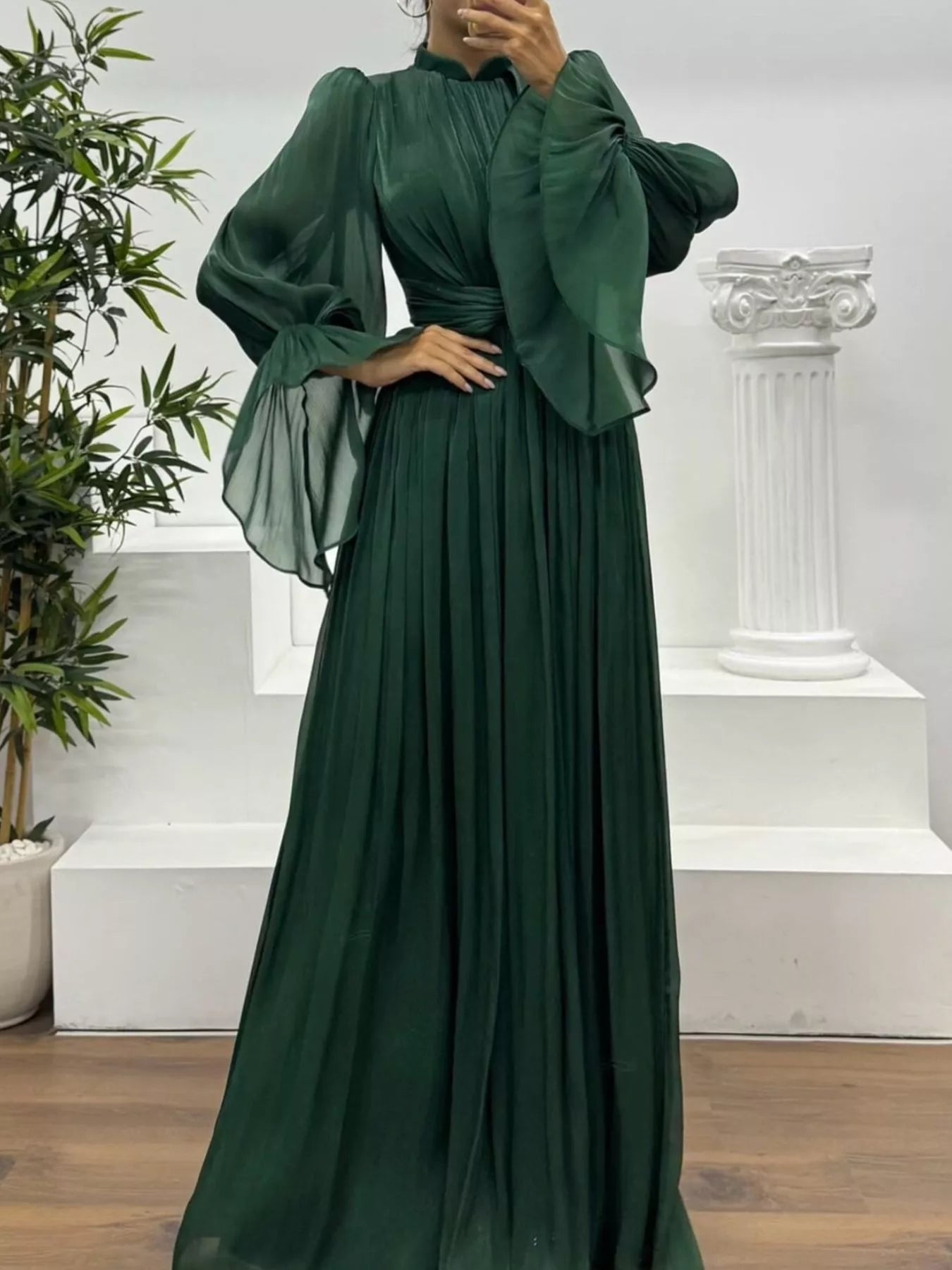 Pleated Mock Neck Long Sleeve Maxi Dress