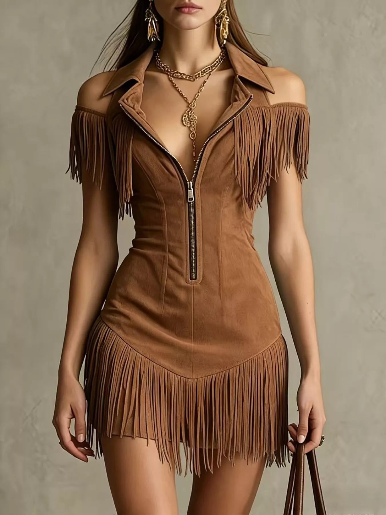 Fringed Cold Shoulder Mini Dress