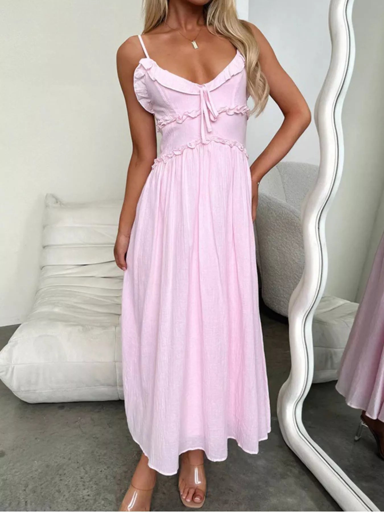 Ruffled Trimmed Spaghetti Strap Midi Dress