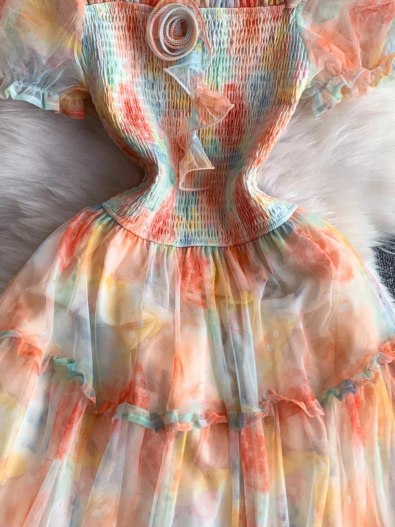 Smocked Floral Tiered Mesh Midi Dress
