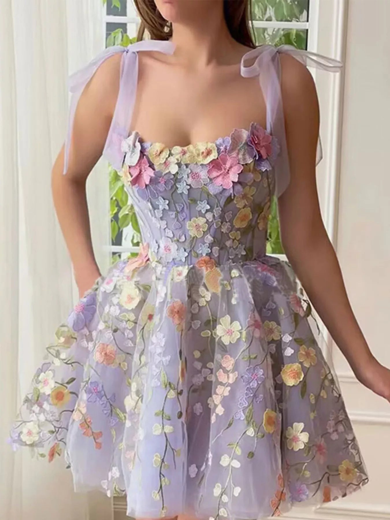 Floral Applique Tie Shoulder Mini Dress
