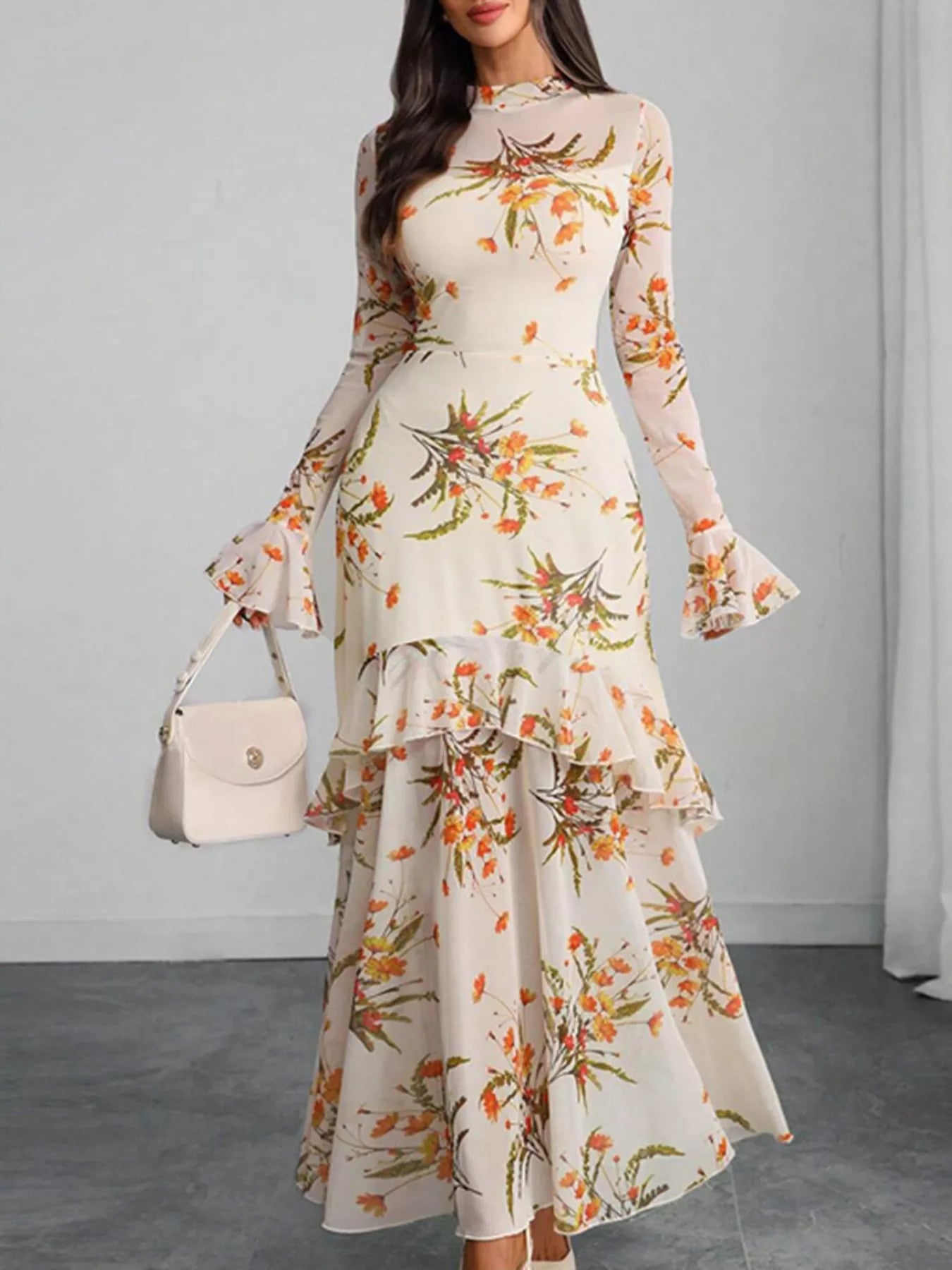 Floral Print Flounce Sleeve Mermaid Maxi Dress