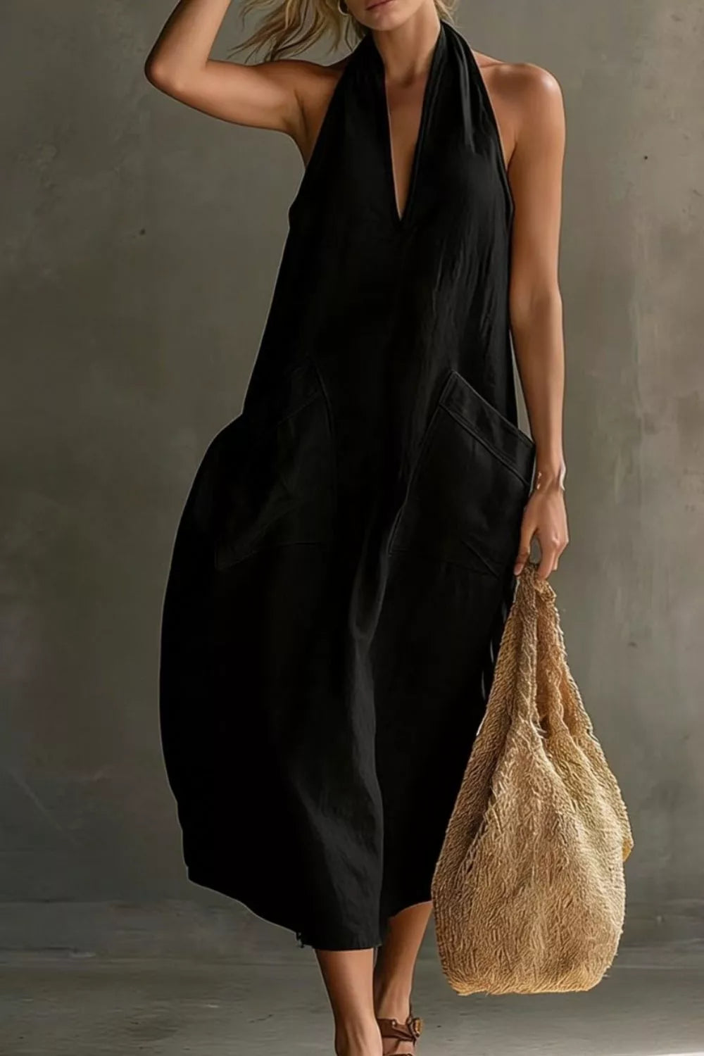 Casual Halter Neck Pocket Midi Dress