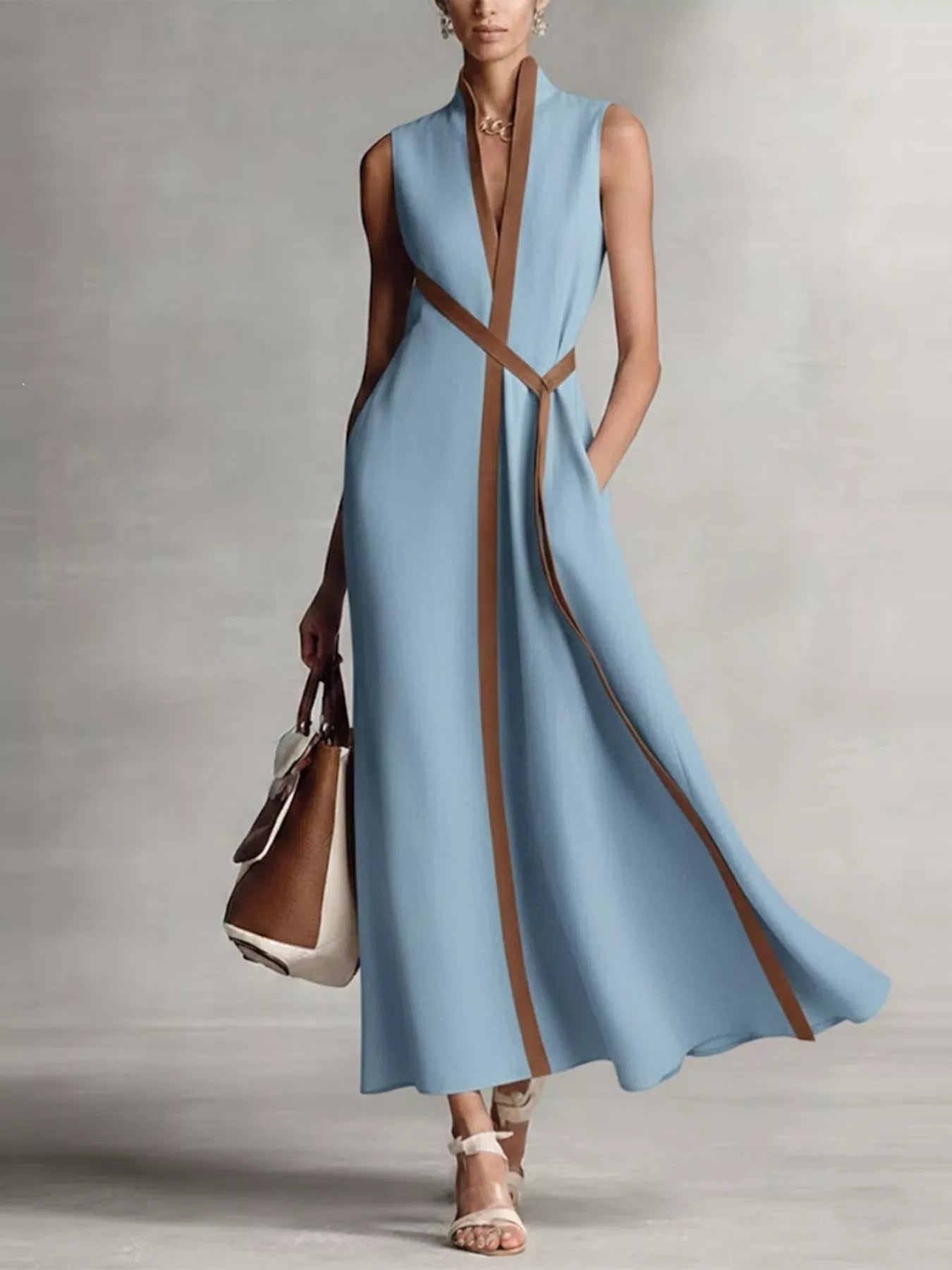 Sleeveless Contrast Trim Midi Dress