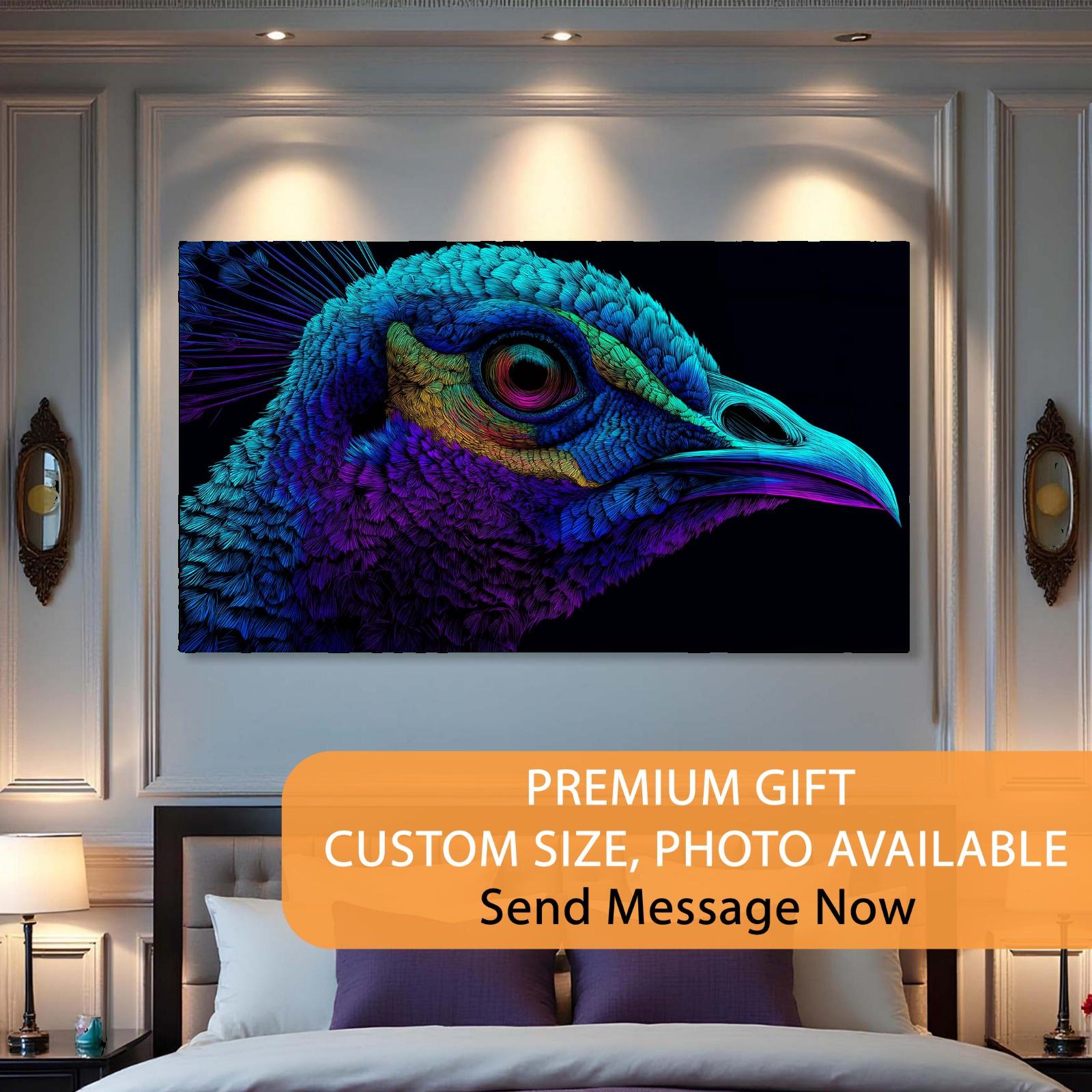 Neon Peacock Portrait Tempered Glass Wall Art | Custom Large Glass Wall Decor for Living Room