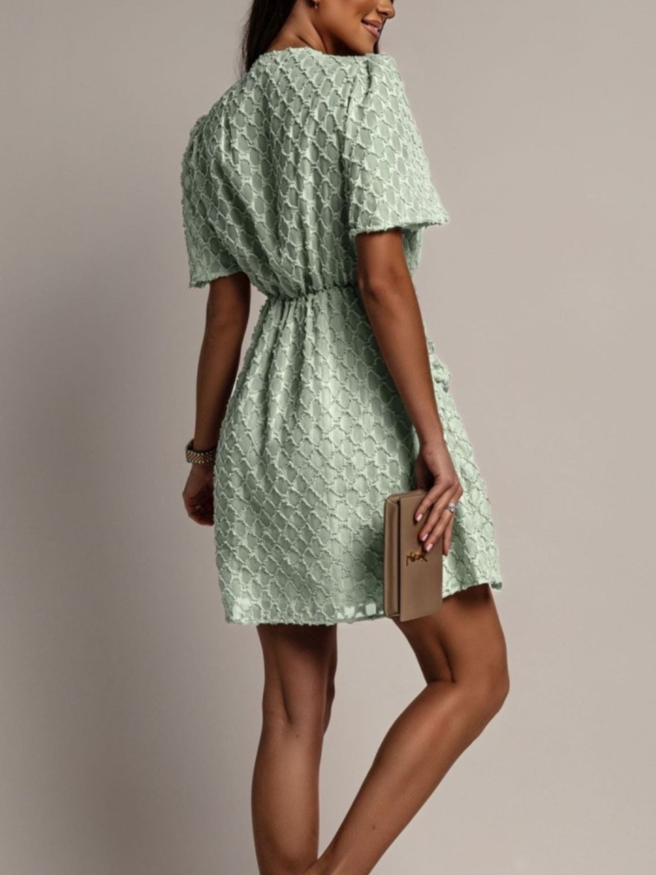 Textured Ruched Surplice Short Sleeve Dress