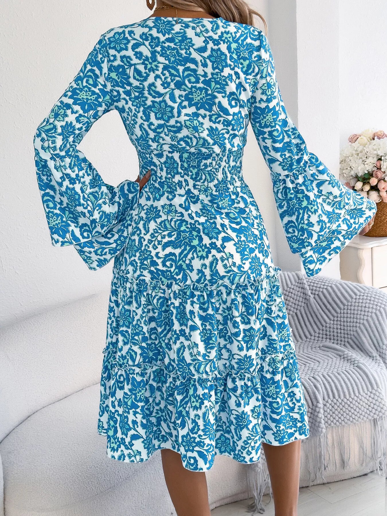 Floral Print Smocked Ruffle Hem Flared Sleeve Dress