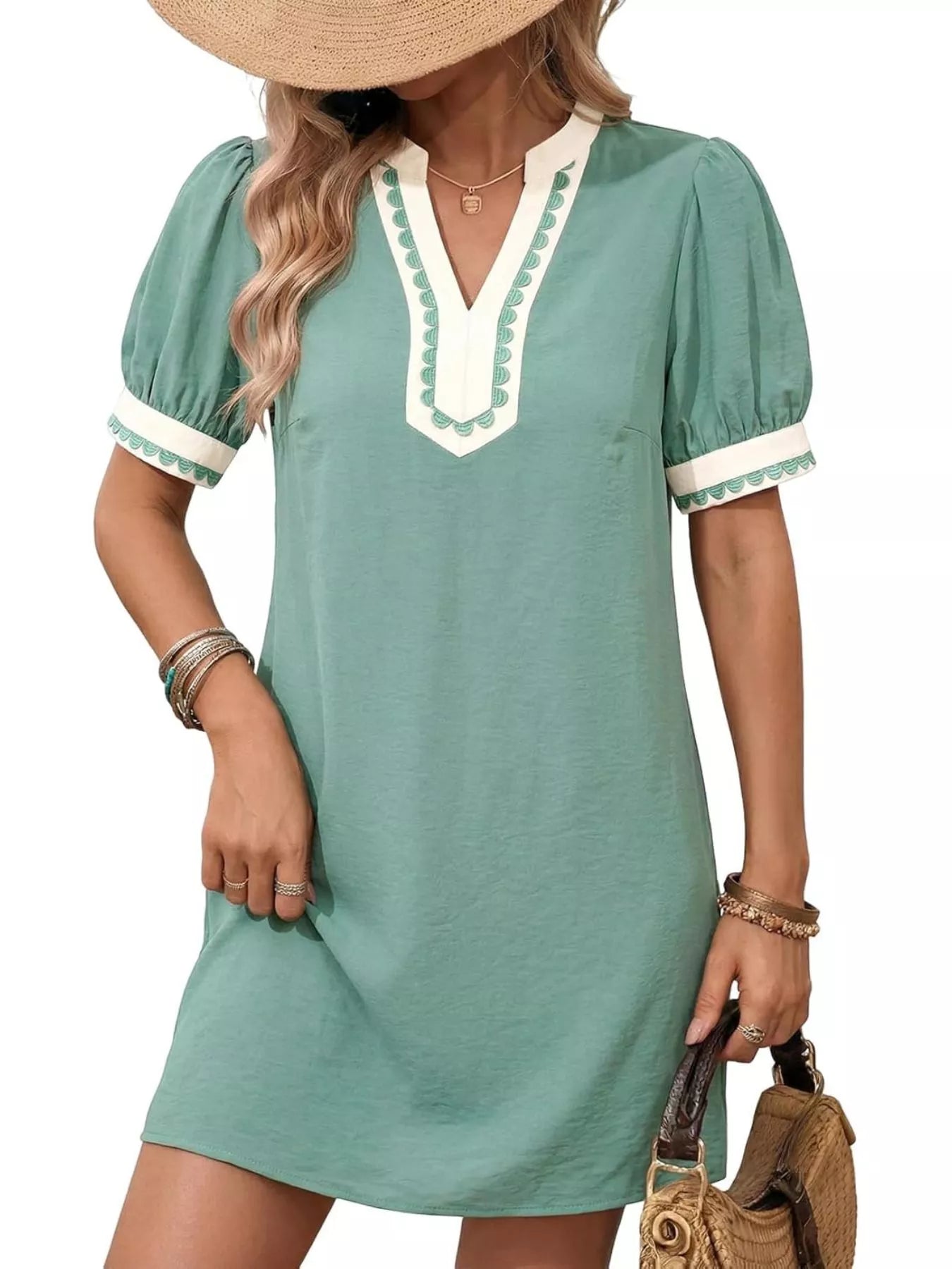 Notched Puff Sleeve Mini Dress