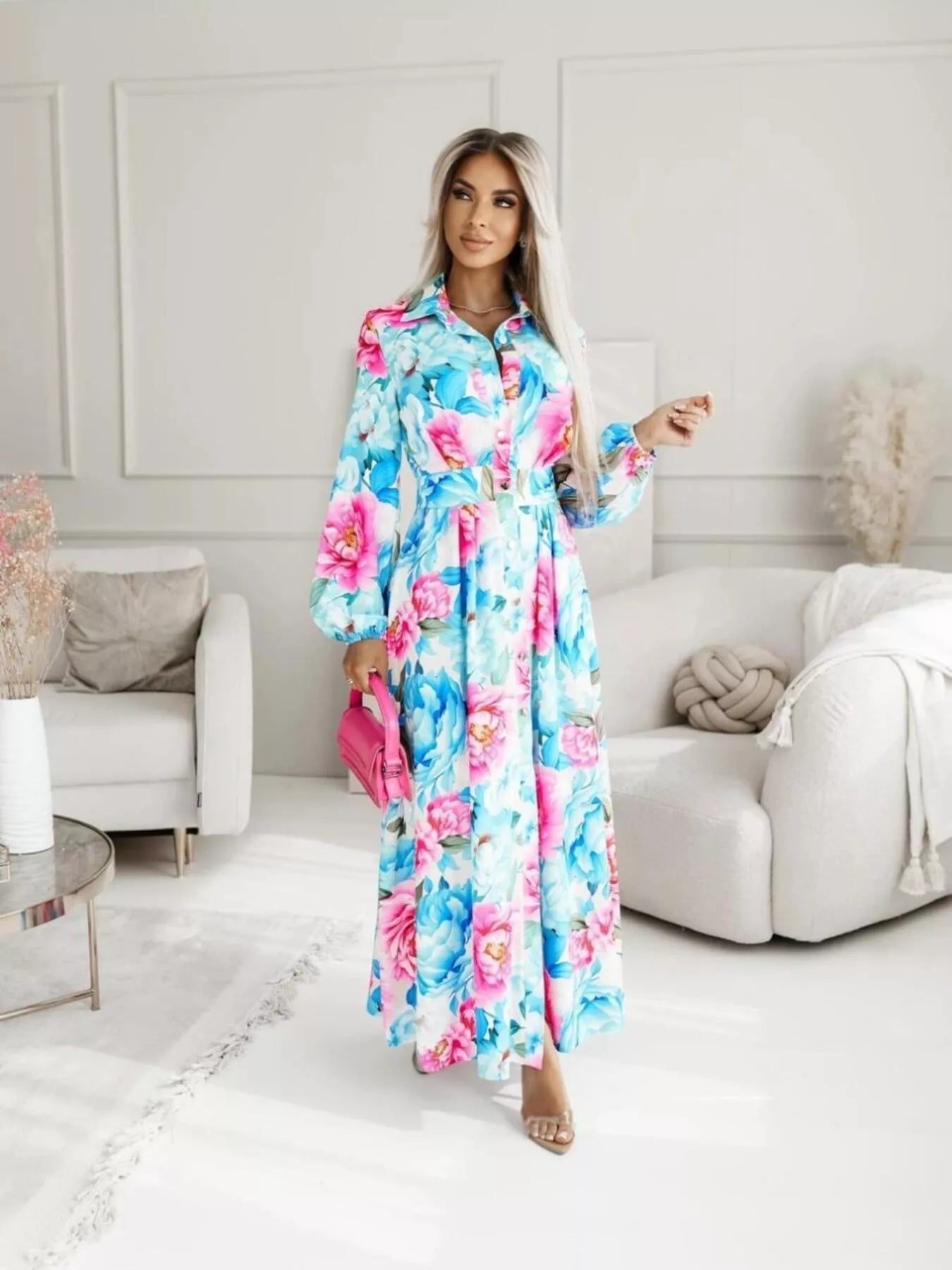 Printed Button Front Maxi Shirt Dress