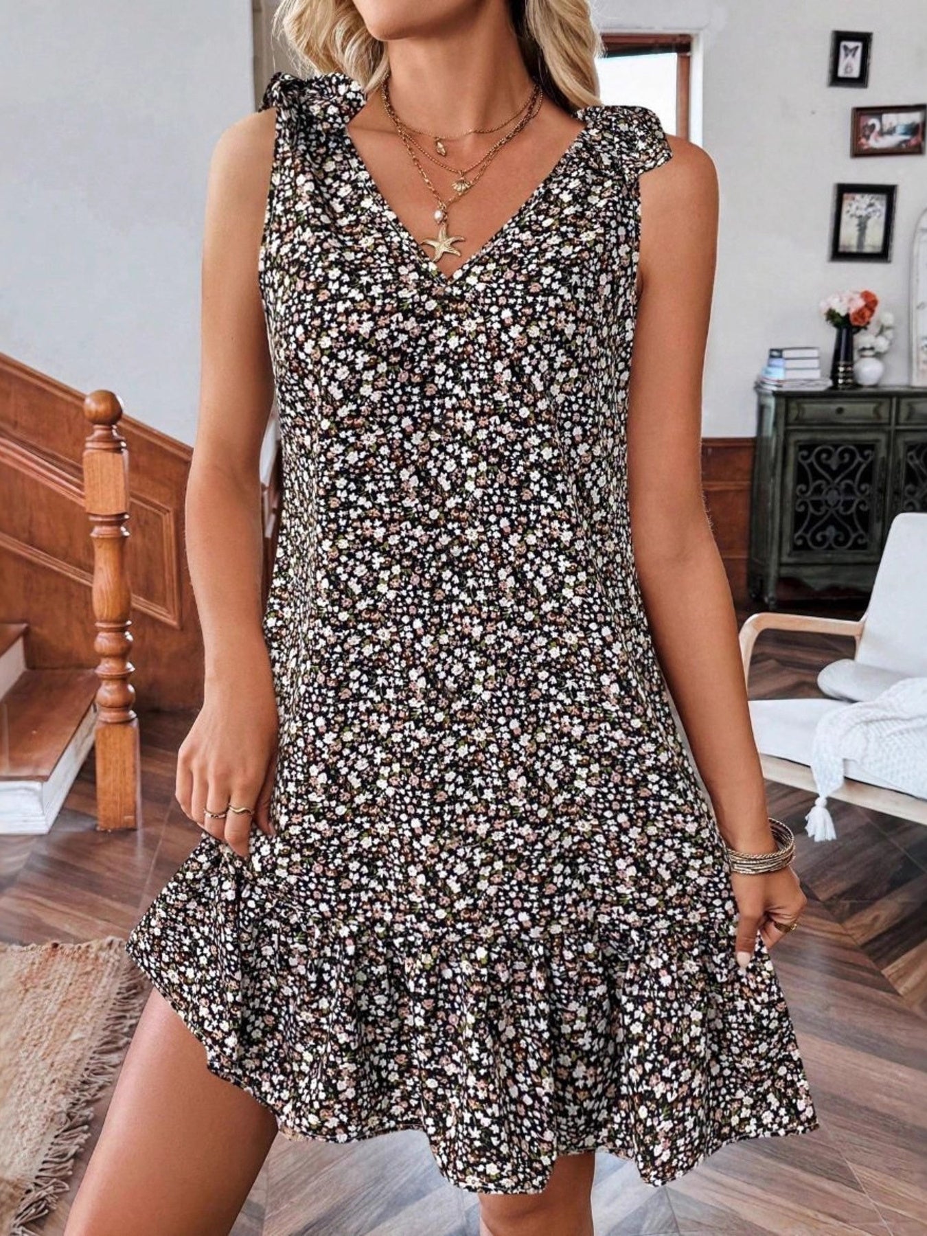 Floral Print Tie Strap Ruffle Hem Mini Dress