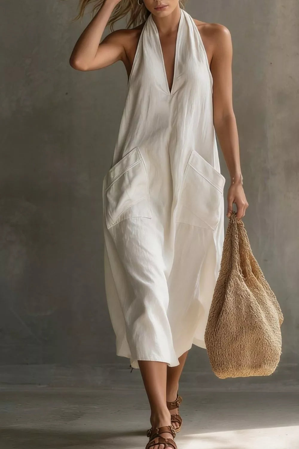 Casual Halter Neck Pocket Midi Dress
