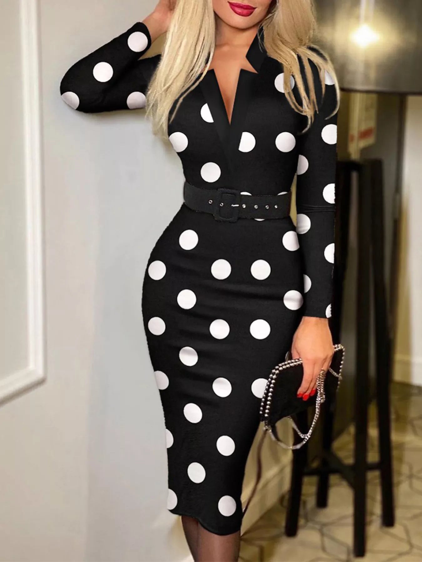 Full Size Notched Long Sleeve Dress Plus Size