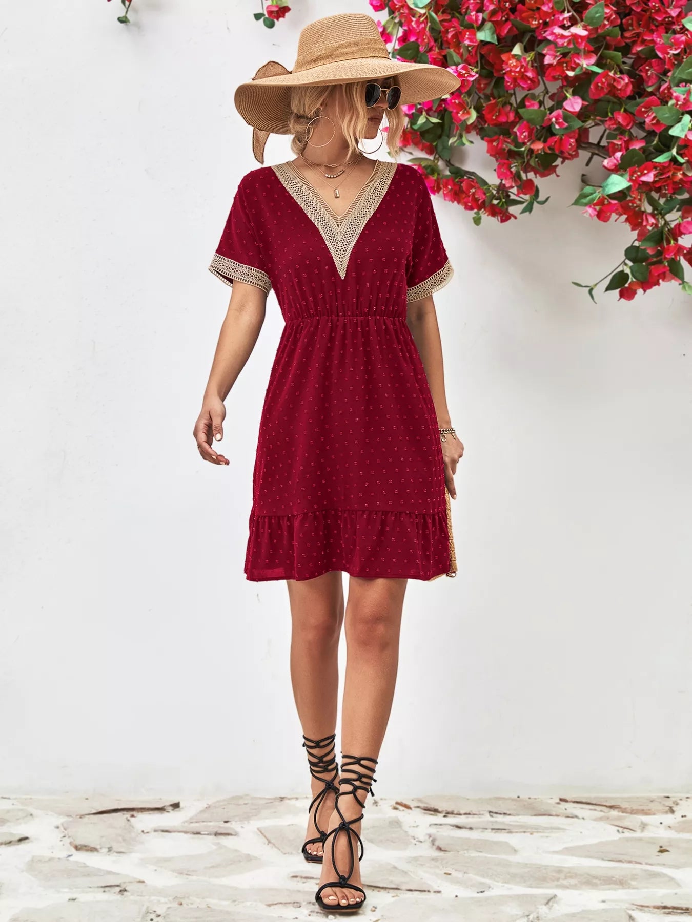 V-Neck Swiss Dot Ruffle Hem Mini Dress