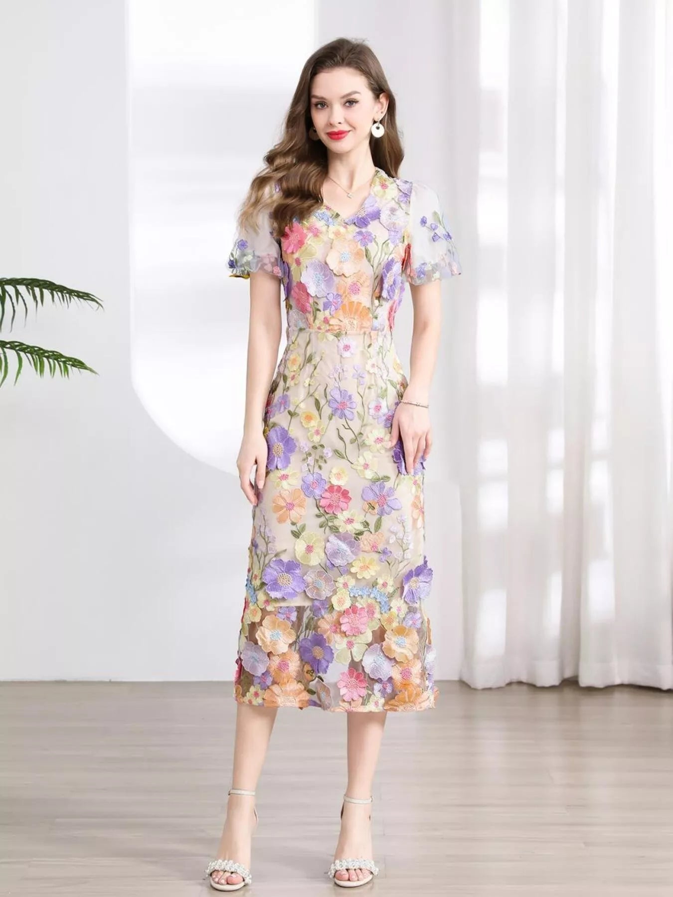Floral Embroidered Puff Sleeve Midi Dress