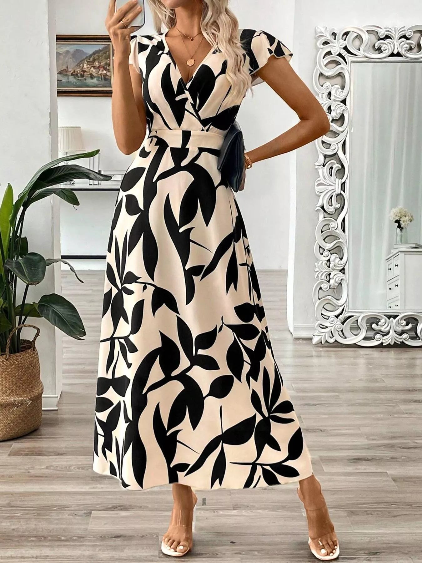 Surplice Cap Sleeve Midi Dress