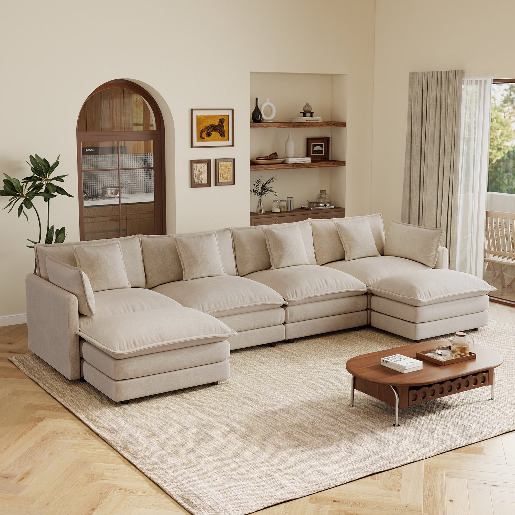 Oversized U Shape Sofa, Modern Upholstered 4 Seater Sofa with 2 Ottomans